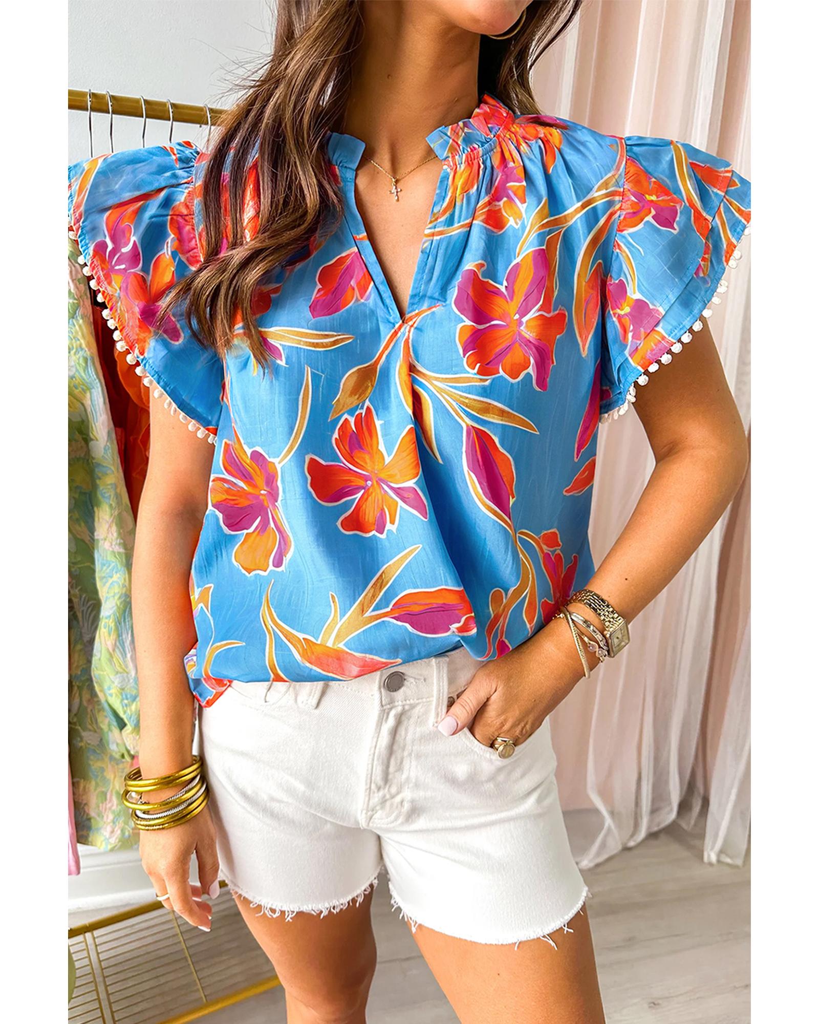 V539-AZEXDC25132026-P420-L-202508270645-00 Sky Blue Floral Print V Neck Pompom Trim Flutter Sleeve Blouse - L - Image 1