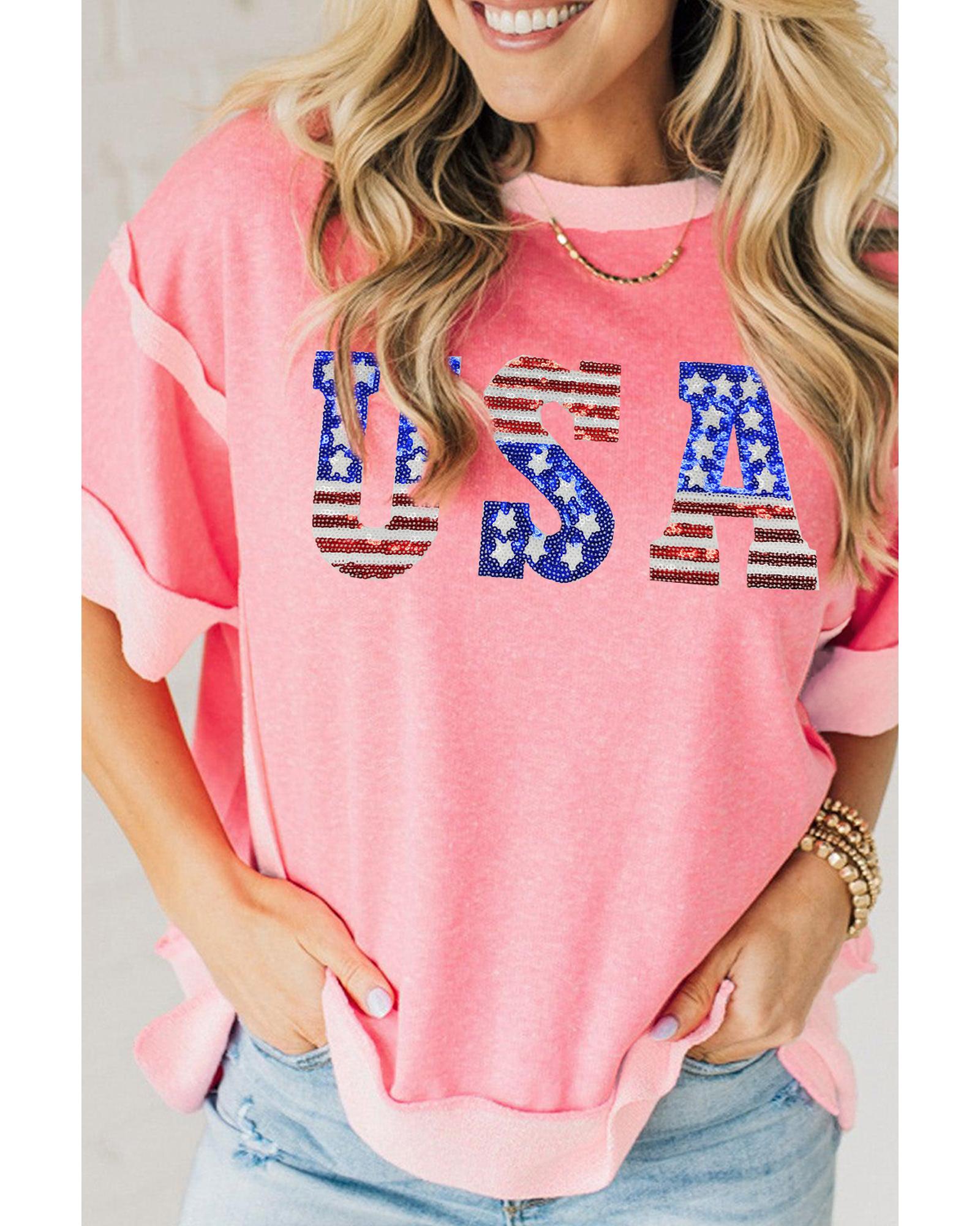 V539-AZEXDC25132529-P4010-S-202506120921-00 Peach Blossom USA Color Block High Low Crew Neck T Shirt - S - Image 1