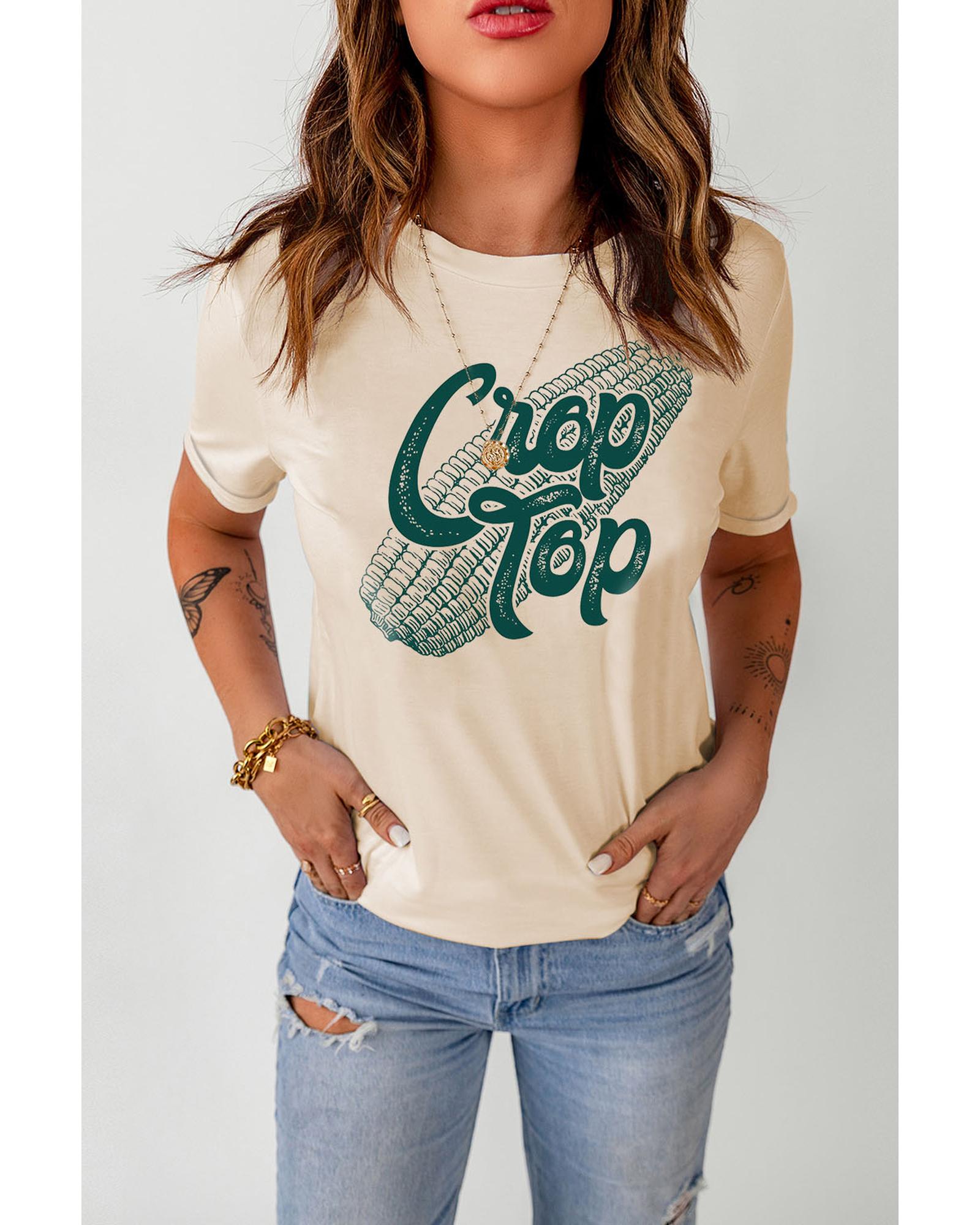 V539-AZEXDC25220941-16-M-202508270750-00 Khaki Corn Crop Top Graphic Tee - M - Image 1