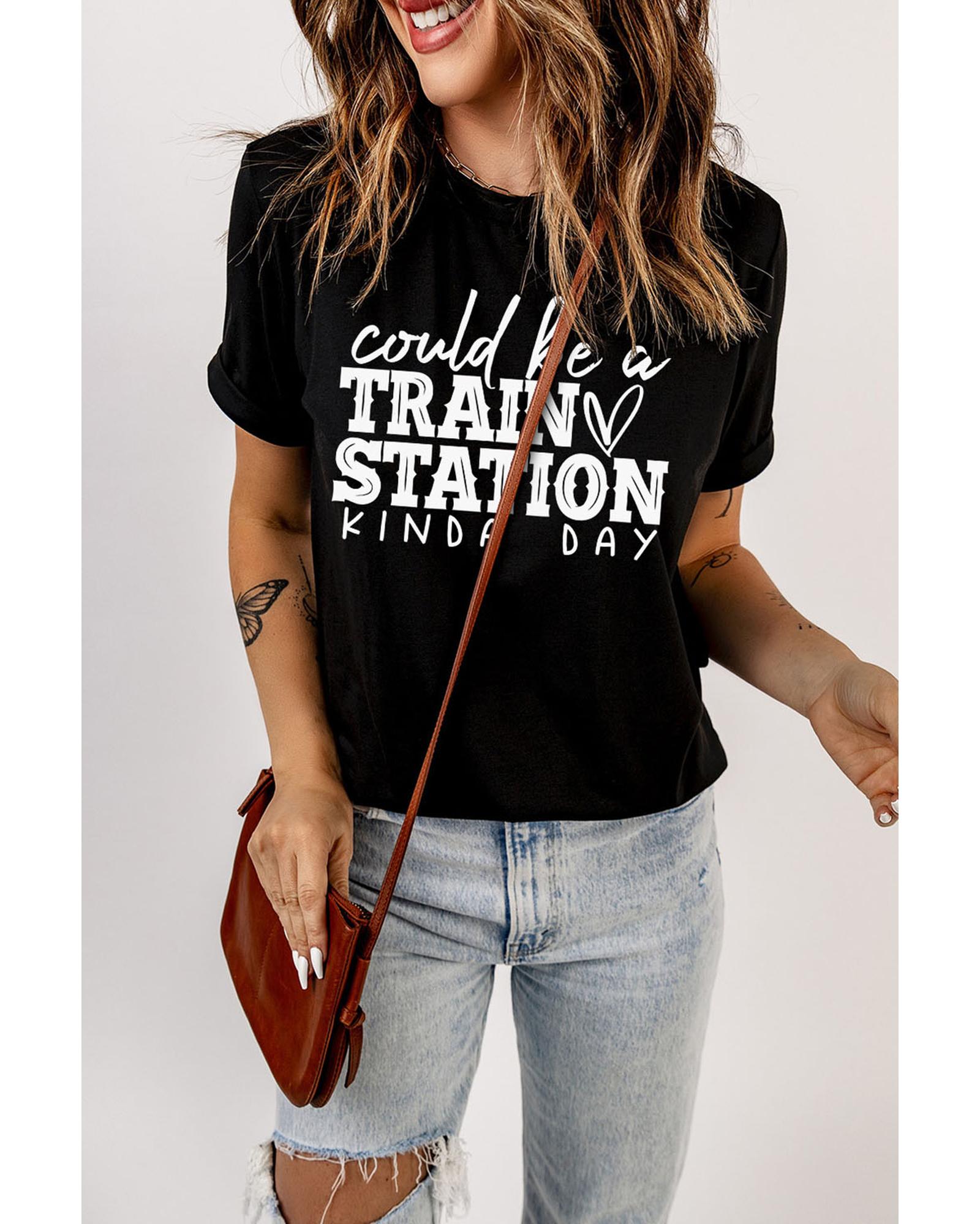 V539-AZEXDC25220944-2-L-202508271355-00 Black Could be a TRAIN STATION KINDA DAY Graphic Tee - L - Image 1
