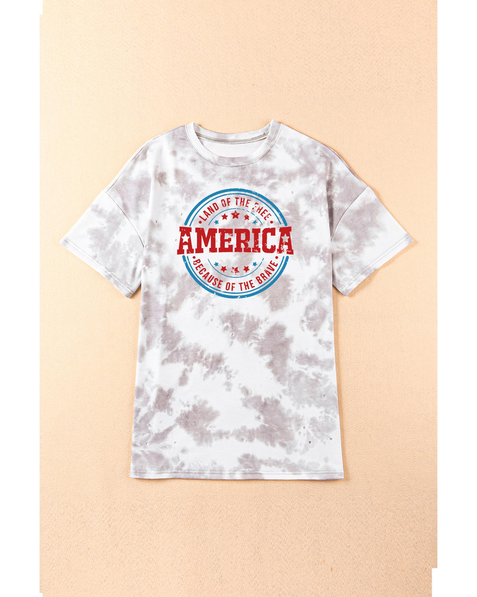 V539-AZEXDC25221279-1-XL-202508271015-00 White Oversized Tie-dye AMERICA Graphic T-shirt with Distressing - XL - Image 1