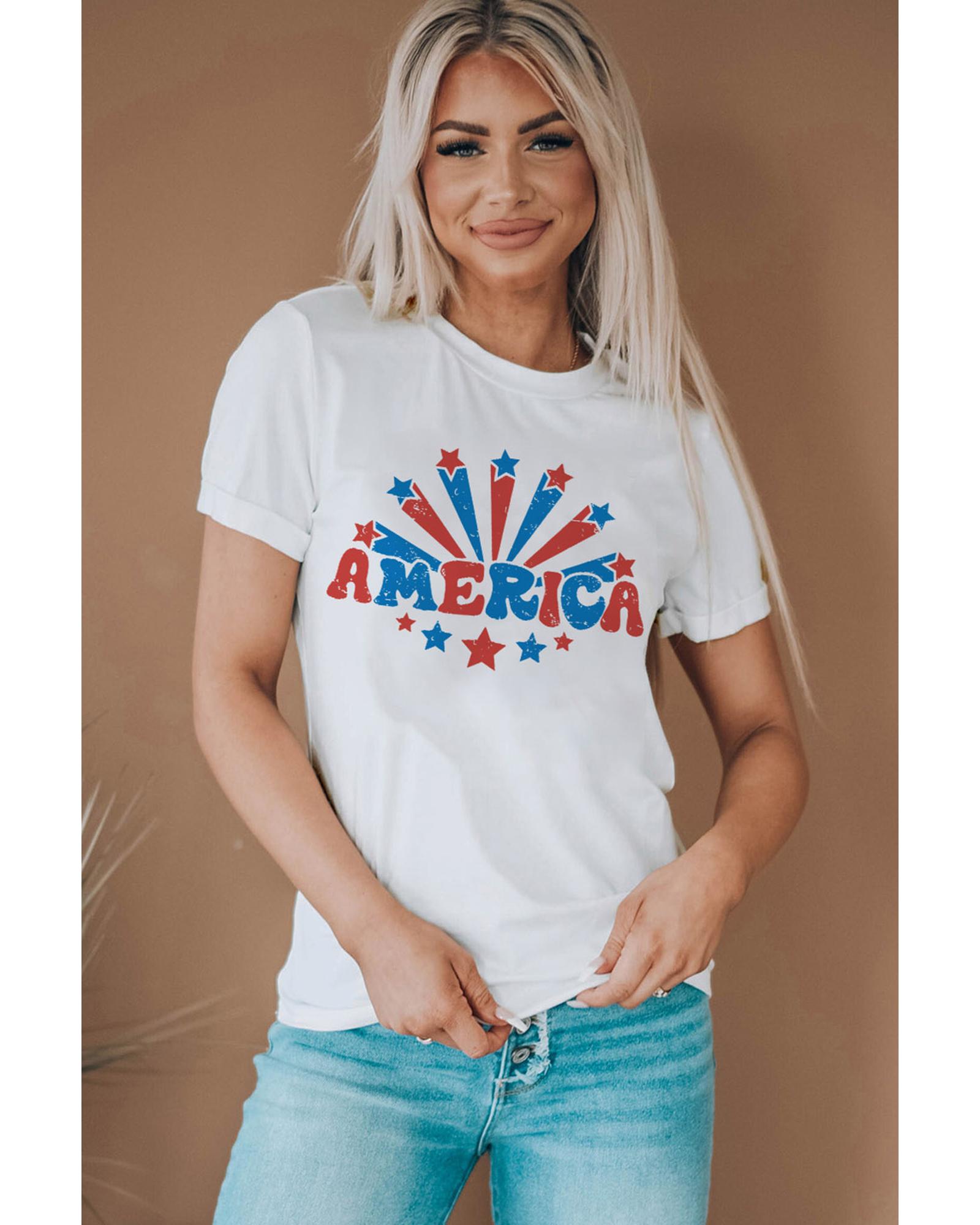 V539-AZEXDC25221835-1-M-202508270225-00 White AMERICA Star Graphic Round Neck Tee - M - Image 1