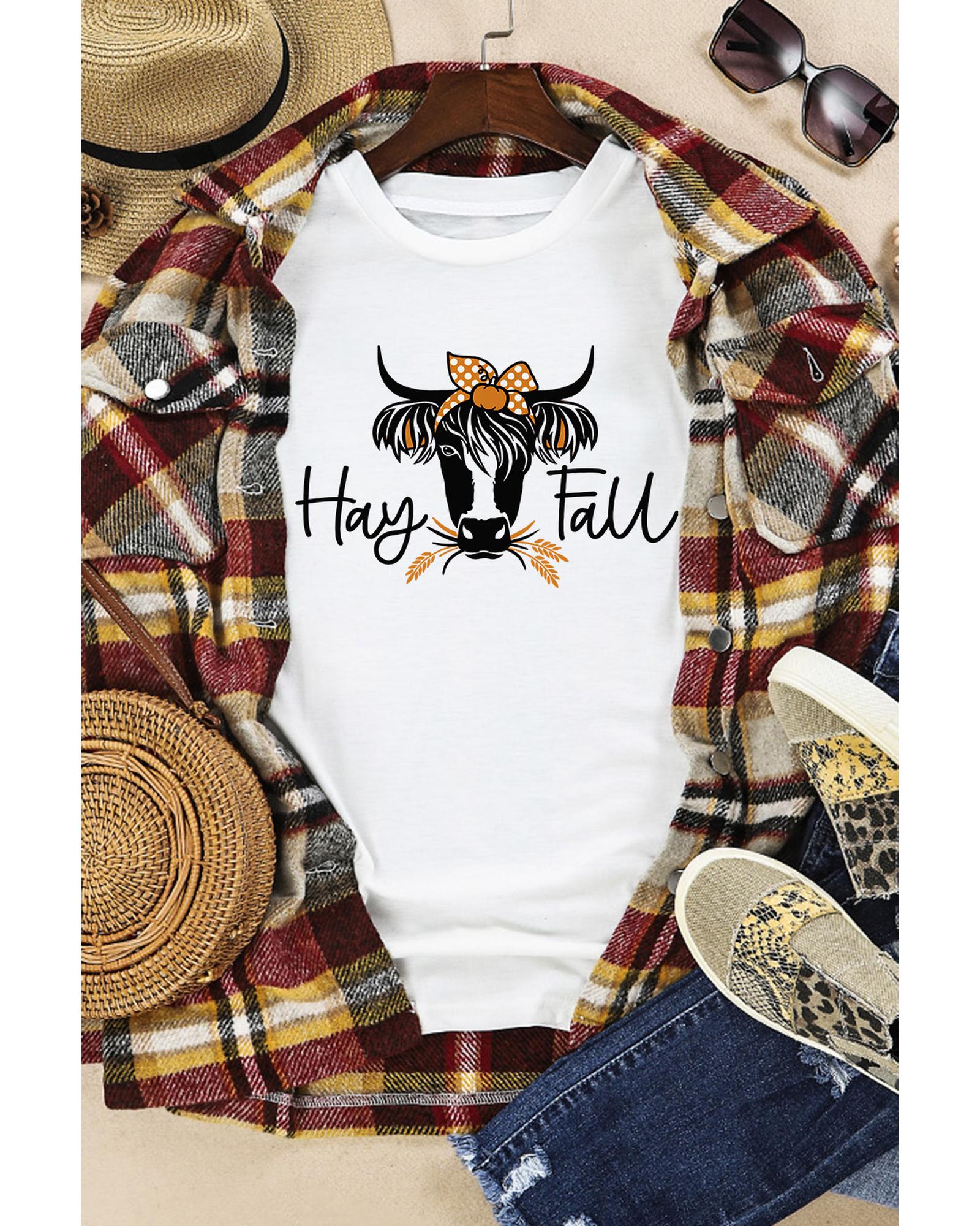 V539-AZEXDC25222169-1-XL-202508271910-00 White Hay Fall Cow Head Graphic Tee - XL - Image 1