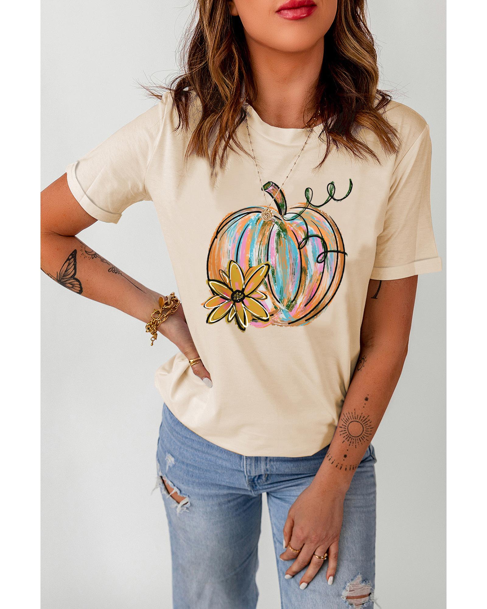 V539-AZEXDC25222172-16-XL-202508270700-00 Khaki Pumpkin with Flower Graphic T Shirt - XL - Image 1