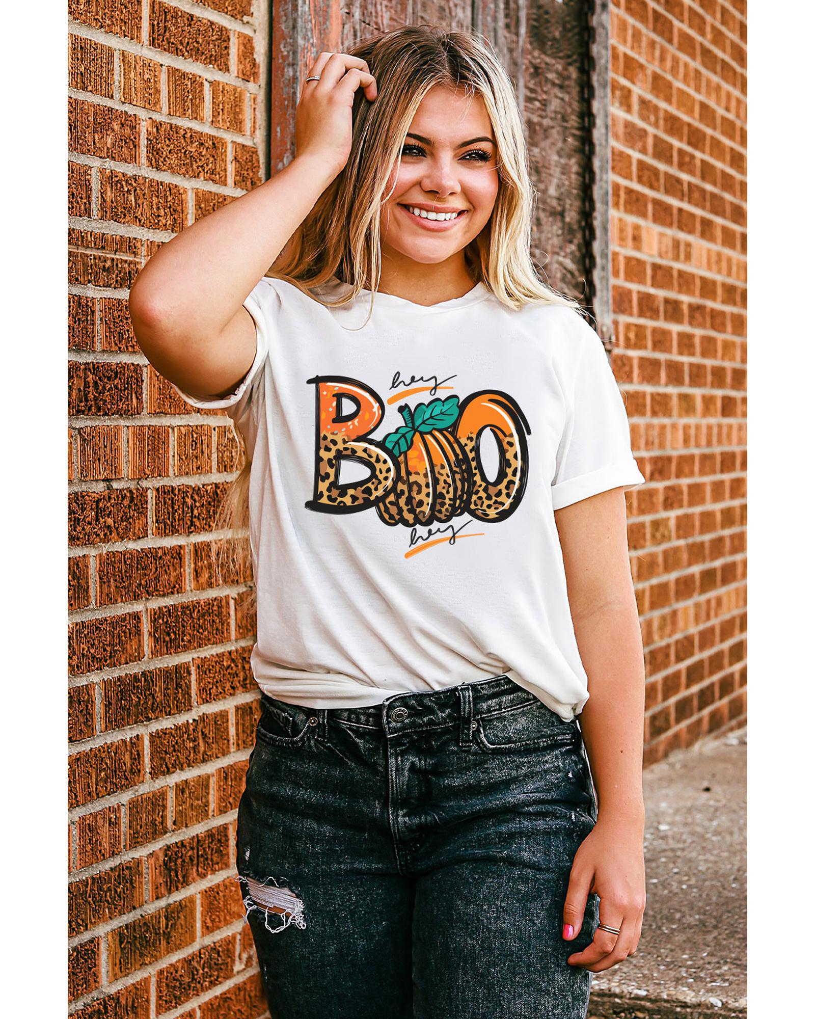 V539-AZEXDC25222629-1-M-202508271530-00 White BOO Pumpkin Leopard Print Crew Neck T Shirt - M - Image 1