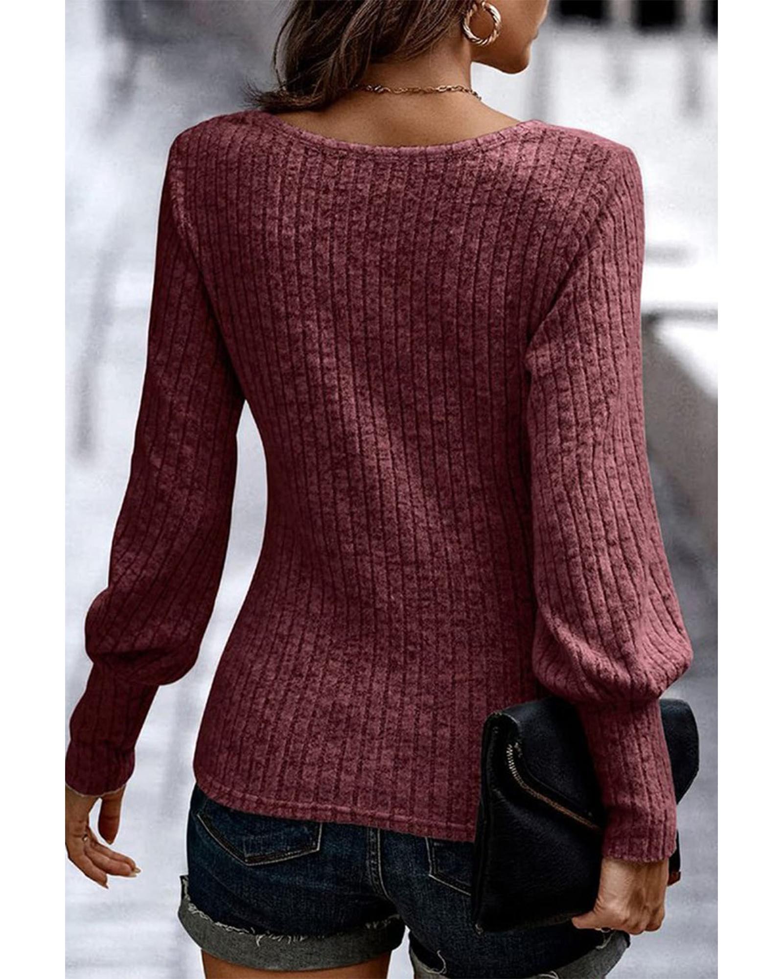 V539-AZEXDC25222735-P303-L-202508270945-00 Mineral Red Ribbed Bishop Sleeve Round Neck Top - L - Image 1