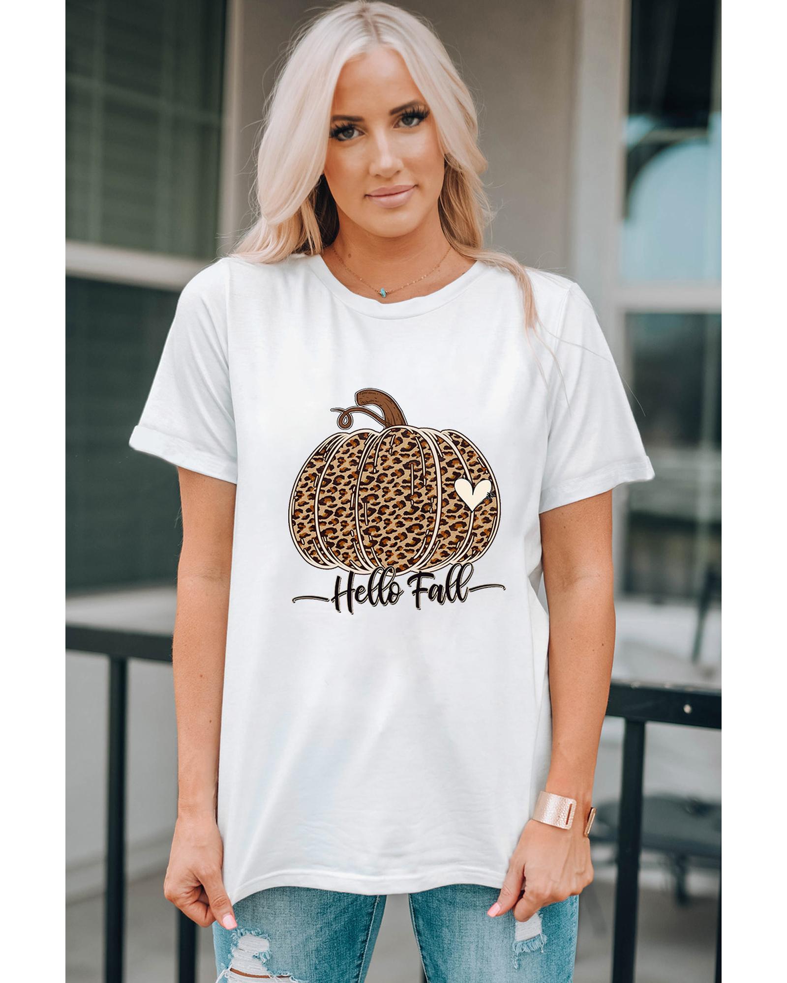 V539-AZEXDC25222785-1-2XL-202508270435-00 White Hello Fall Leopard Pumpkin Graphic T Shirt - 2XL - Image 1