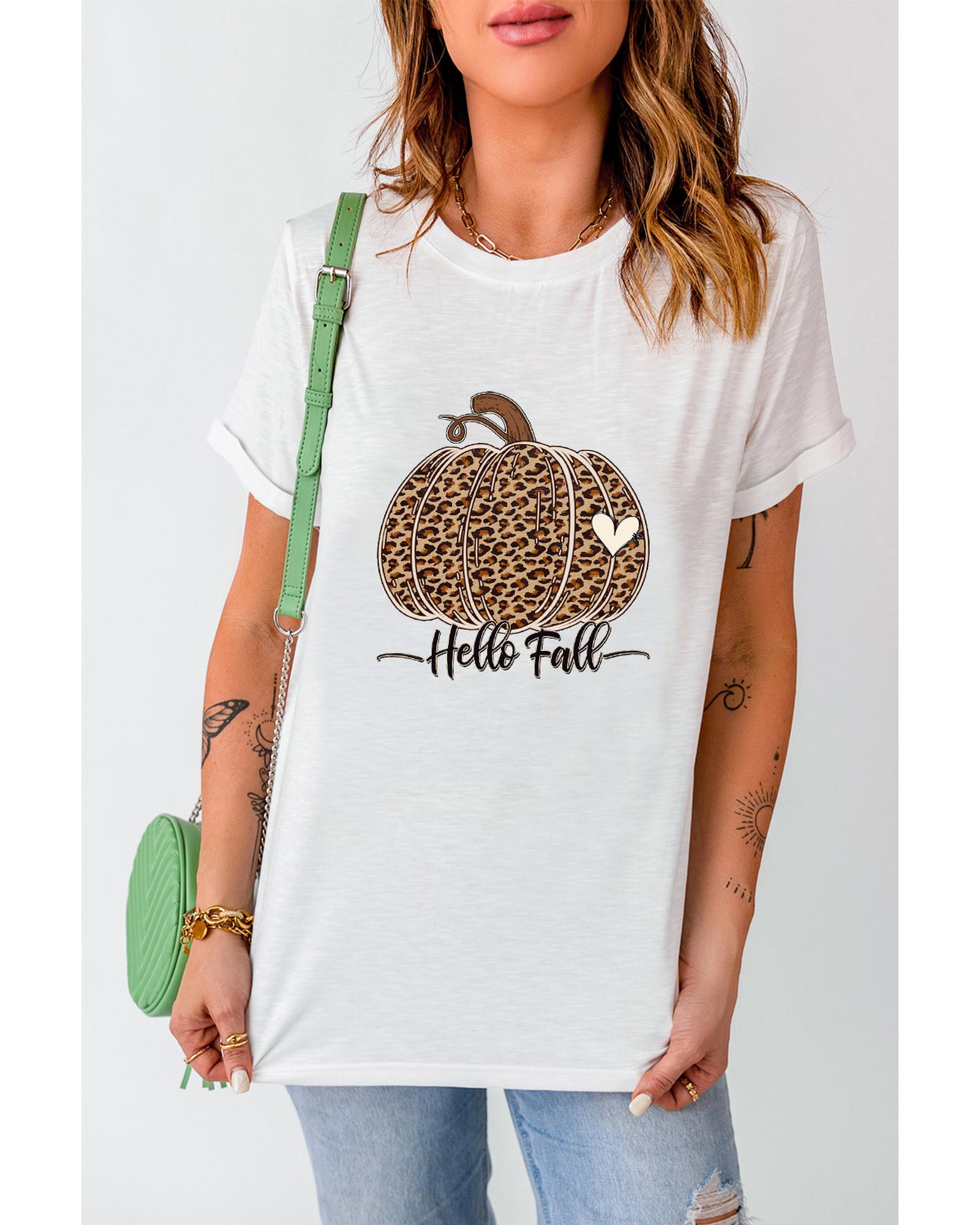 V539-AZEXDC25222785-1-M-202508270645-00 White Hello Fall Leopard Pumpkin Graphic T Shirt - M - Image 1