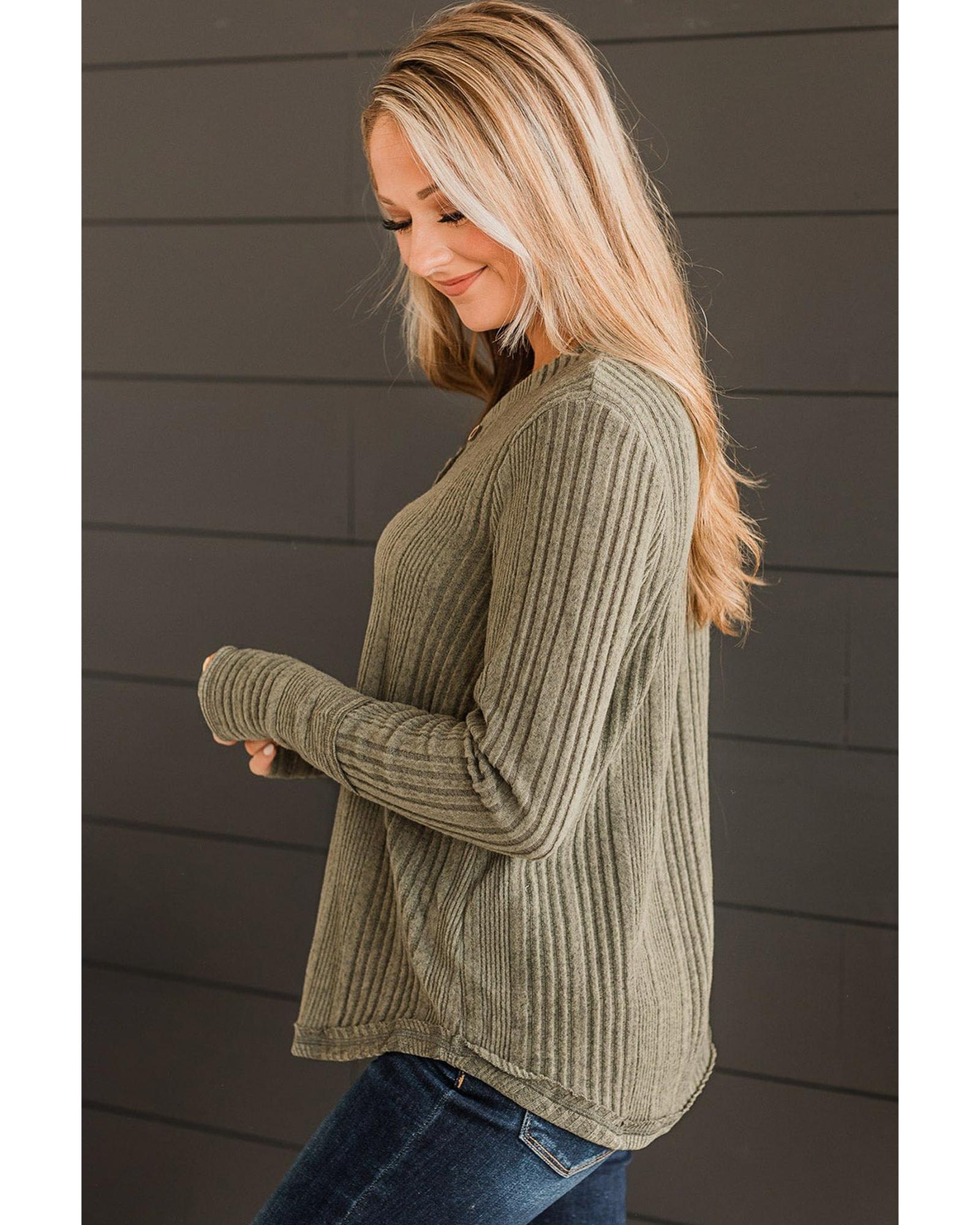 V539-AZEXDC25222851-P609-S-202506121342-00 Jungle Green V Neck Buttoned Ribbed Knit Top - S - Image 1