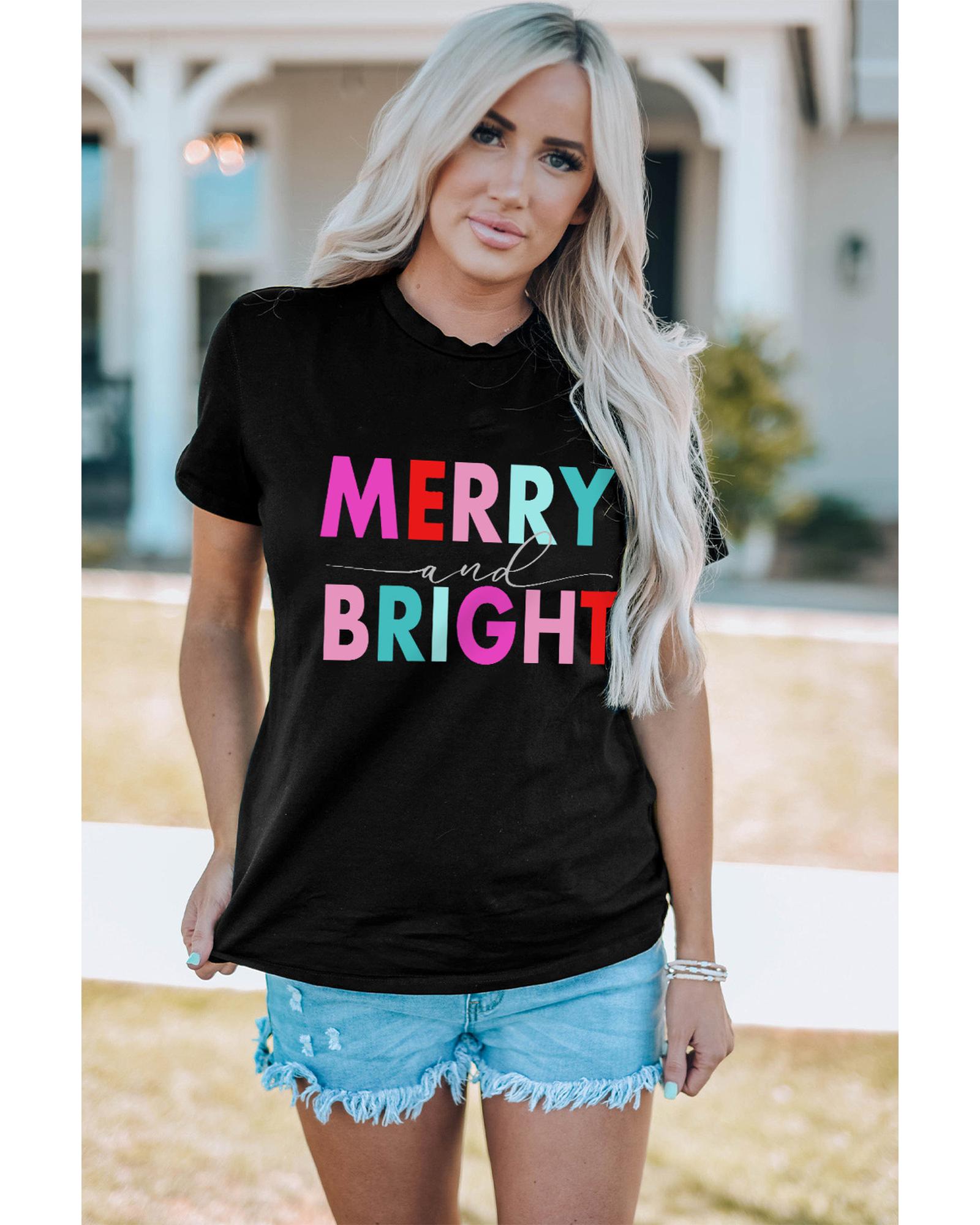 V539-AZEXDC25223120-2-2XL-202508272055-00 Black MERRY and BRIGHT Crew Neck Graphic Tee - 2XL - Image 1