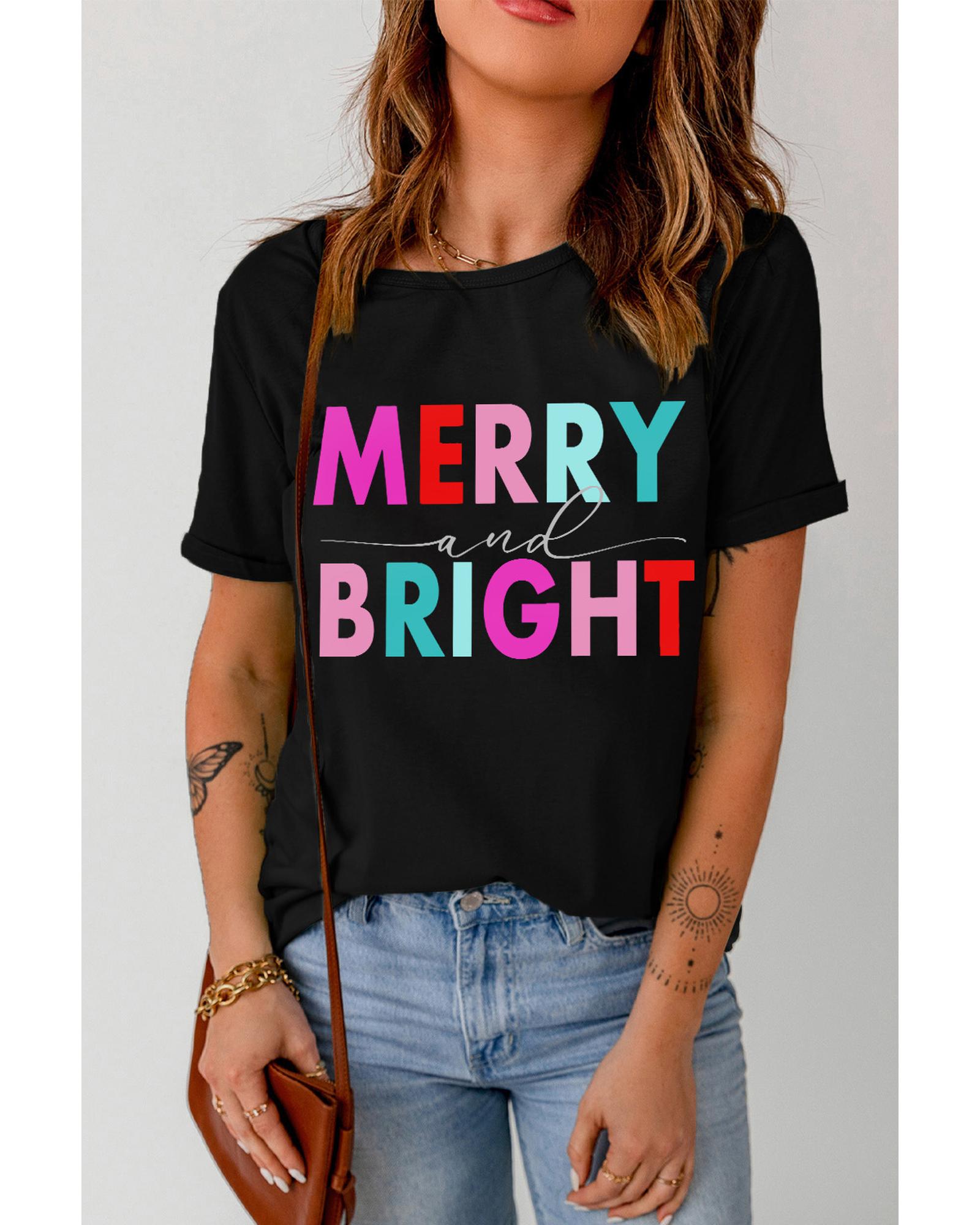 V539-AZEXDC25223120-2-L-202508272200-00 Black MERRY and BRIGHT Crew Neck Graphic Tee - L - Image 1