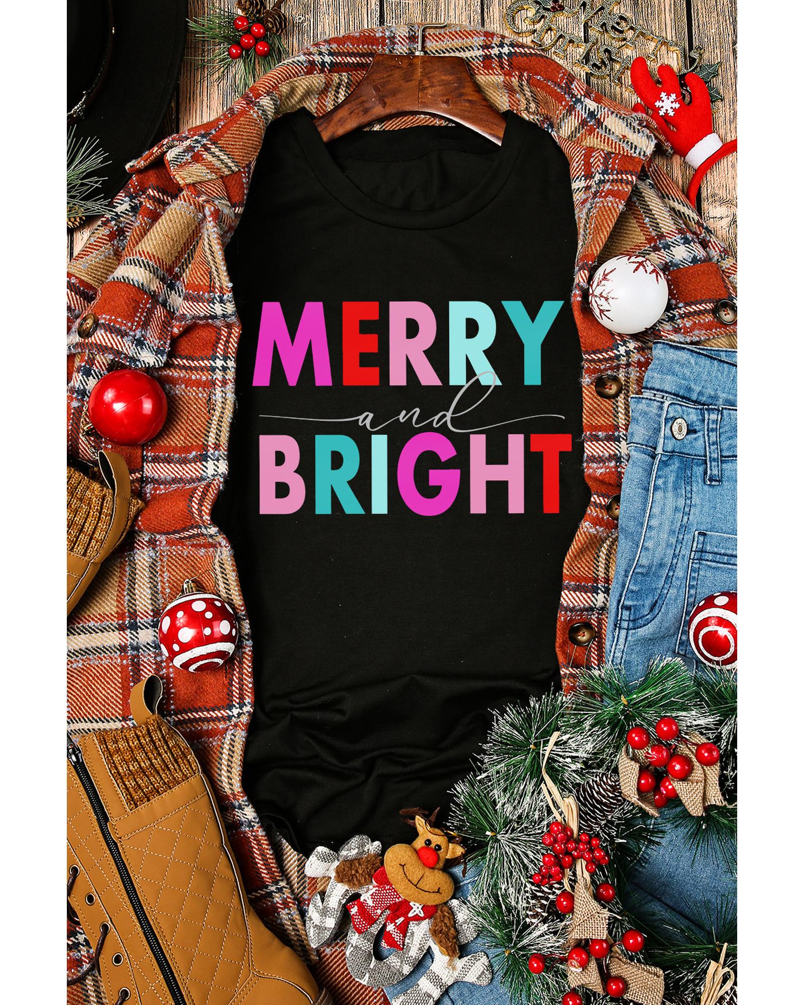 V539-AZEXDC25223120-2-M-202508272306-00 Black MERRY and BRIGHT Crew Neck Graphic Tee - M - Image 1