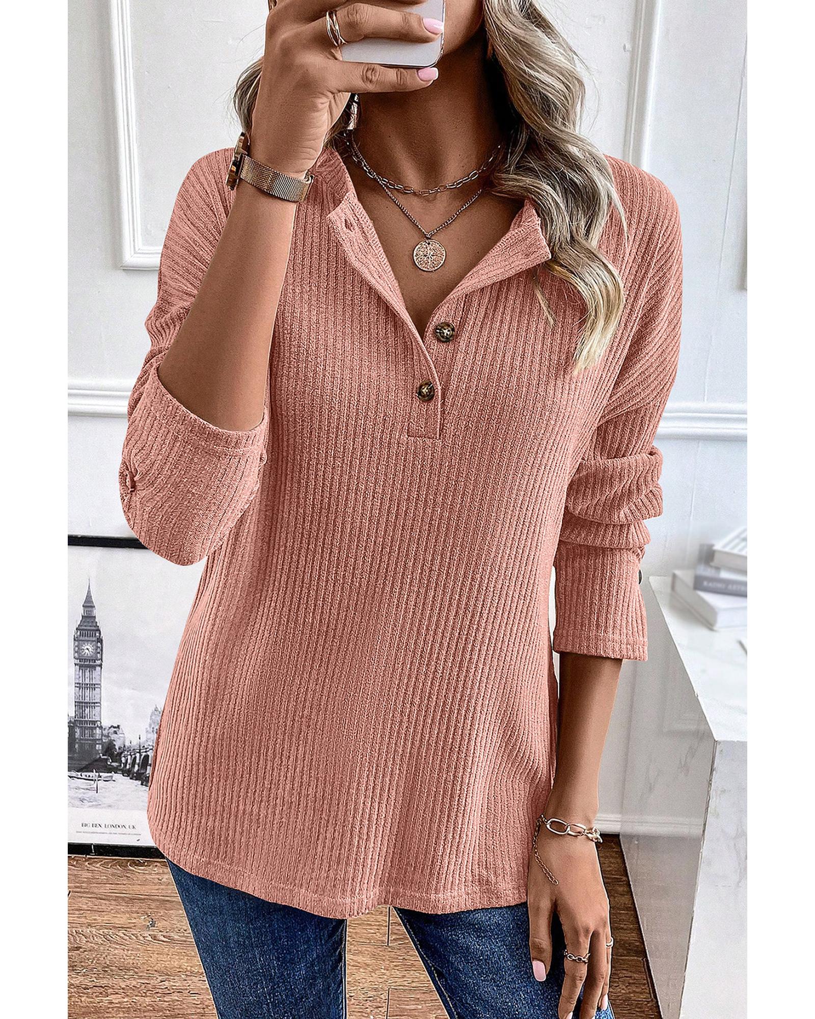 V539-AZEXDC25223369-P8010-S-202506120854-00 Rose Tan Rib Textured Henley Knit Top - S - Image 1