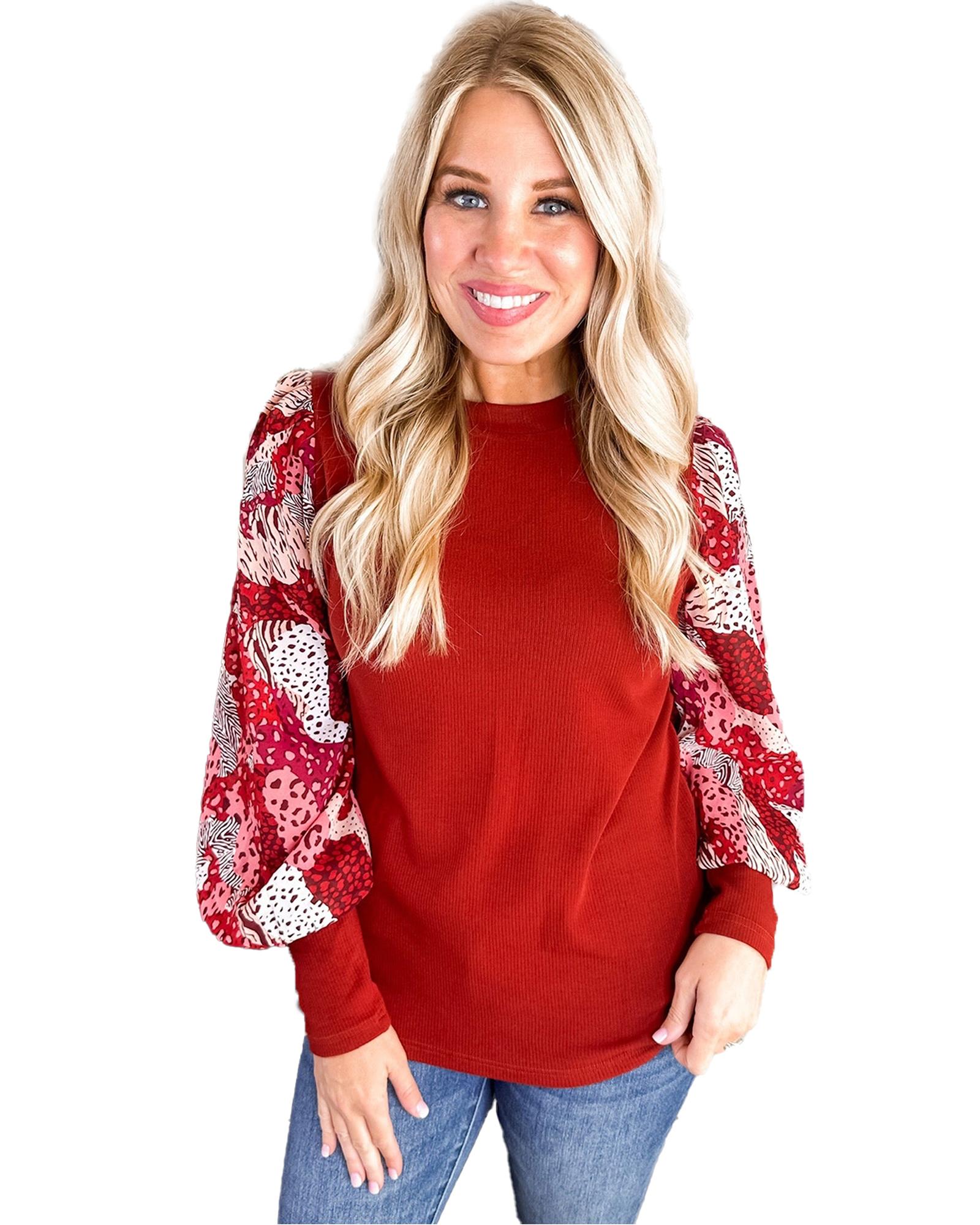 V539-AZEXDC25223380-P3-M-202508271406-00 Fiery Red Contrast Mixed Animal Print Lantern Sleeve Patchwork Top - M - Image 1