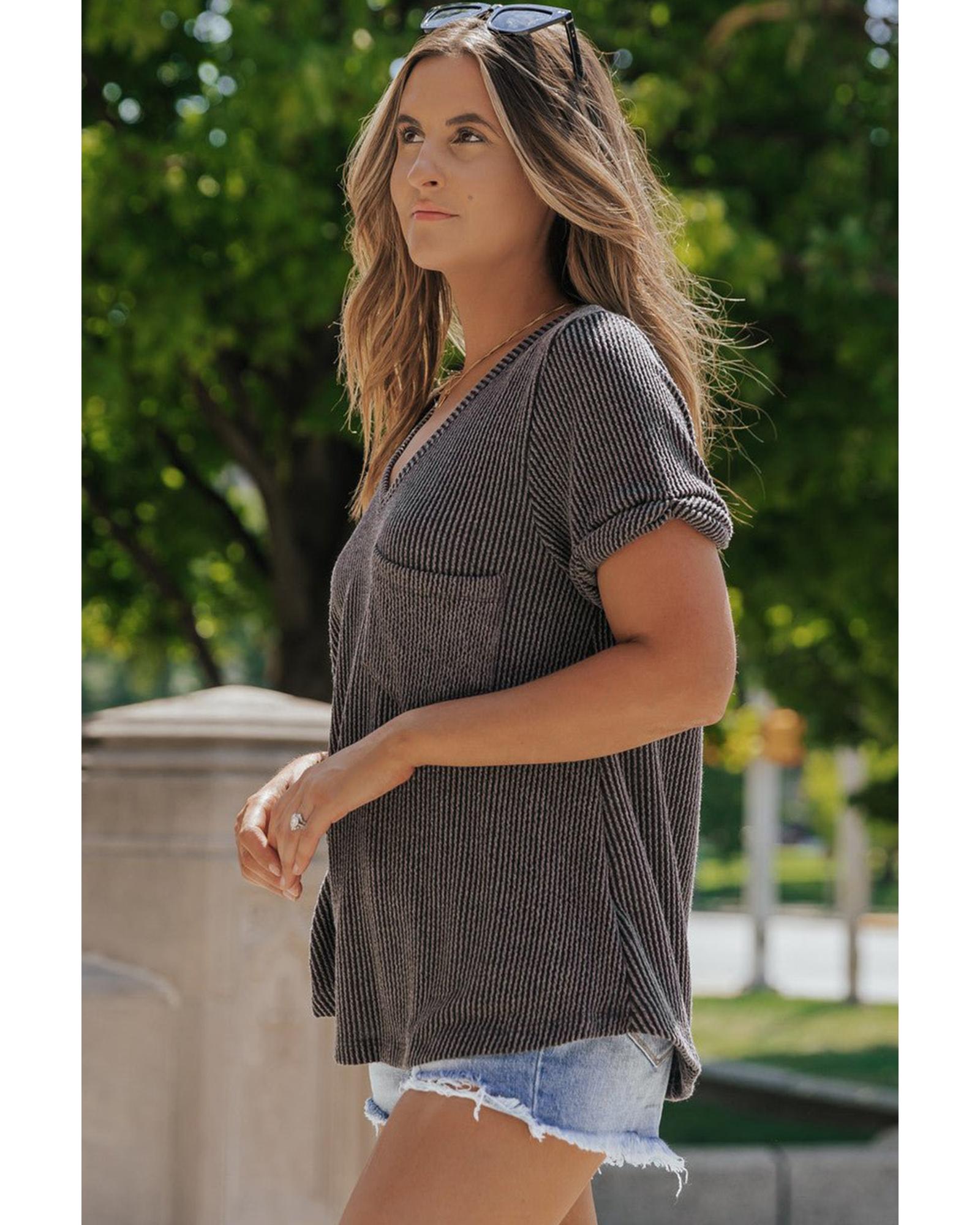 V539-AZEXDC25223518-P4011-S-202508270625-00 Carbon Grey Twist Short Sleeve Corded V Neck Top - S - Image 1