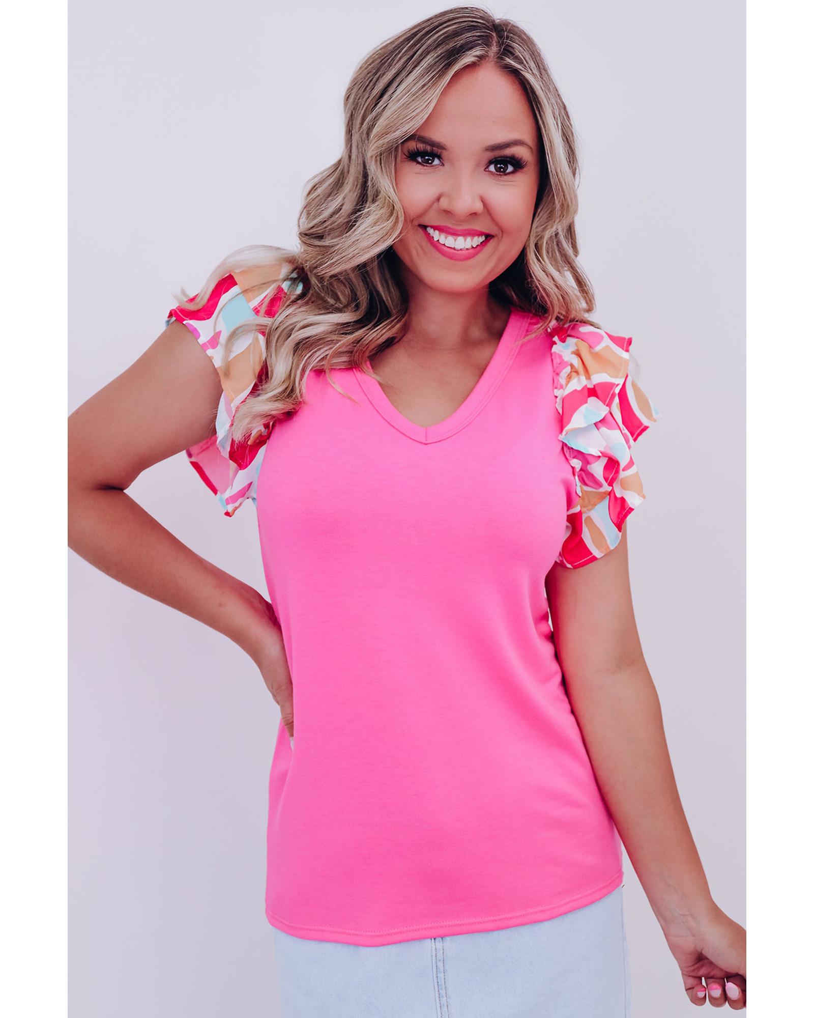 V539-AZEXDC25223645-P3010-S-202506121011-00 Bonbon V Neck Printed Ruffle Sleeve Patchwork T-shirt - S - Image 1