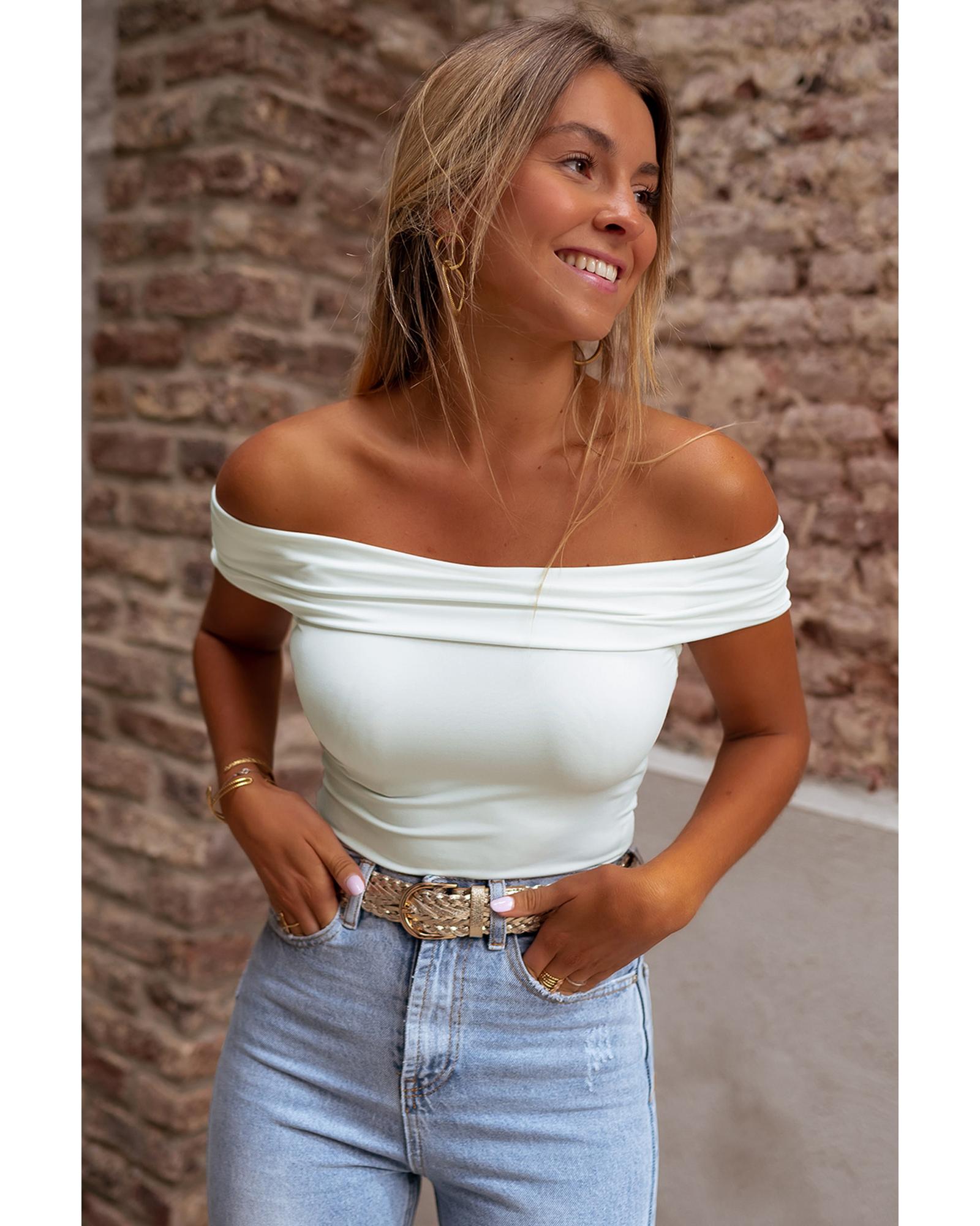 V539-AZEXDC25223648-P1-XL-202508271240-00 White Folded Off Shoulder Slim Top - XL - Image 1