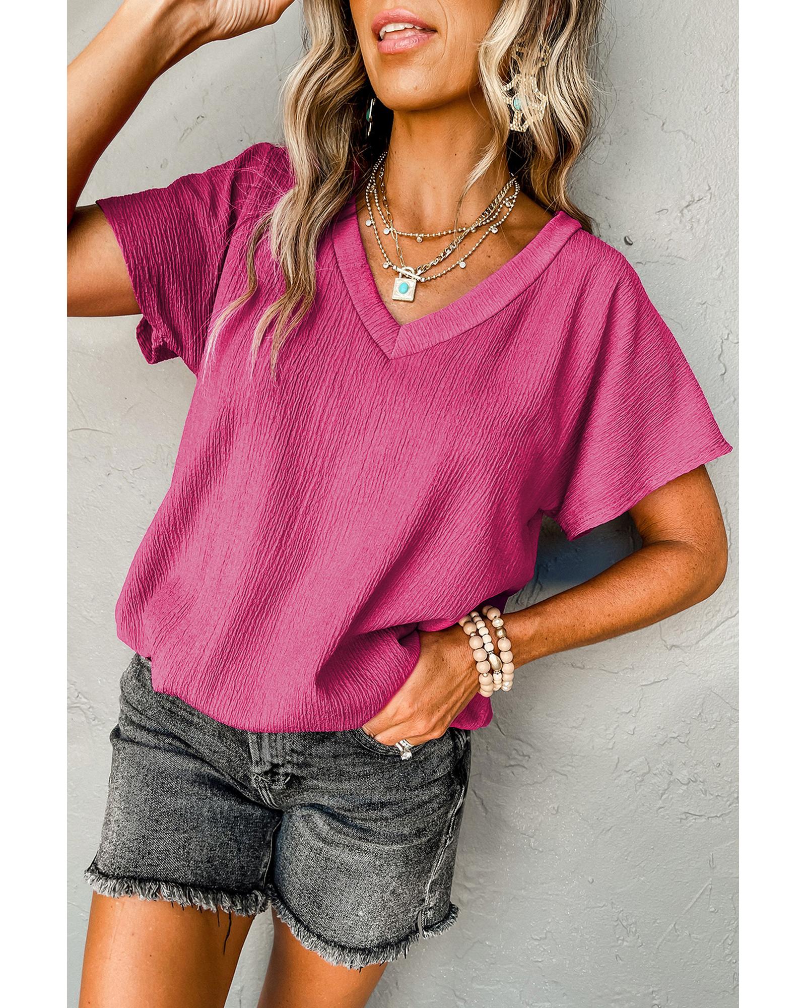 V539-AZEXDC25223652-P106-M-202508271730-00 Bright Pink Crinkled V Neck Wide Sleeve T-shirt - M - Image 1