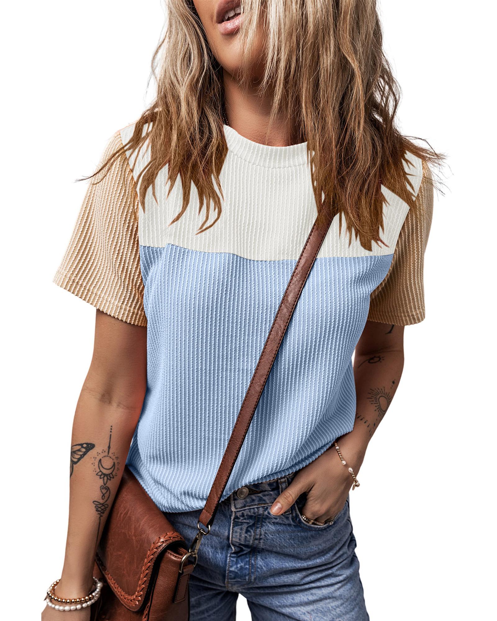 V539-AZEXDC25223771-P422-M-202508272020-00 Light Blue Rib Textured Colorblock T Shirt - M - Image 1