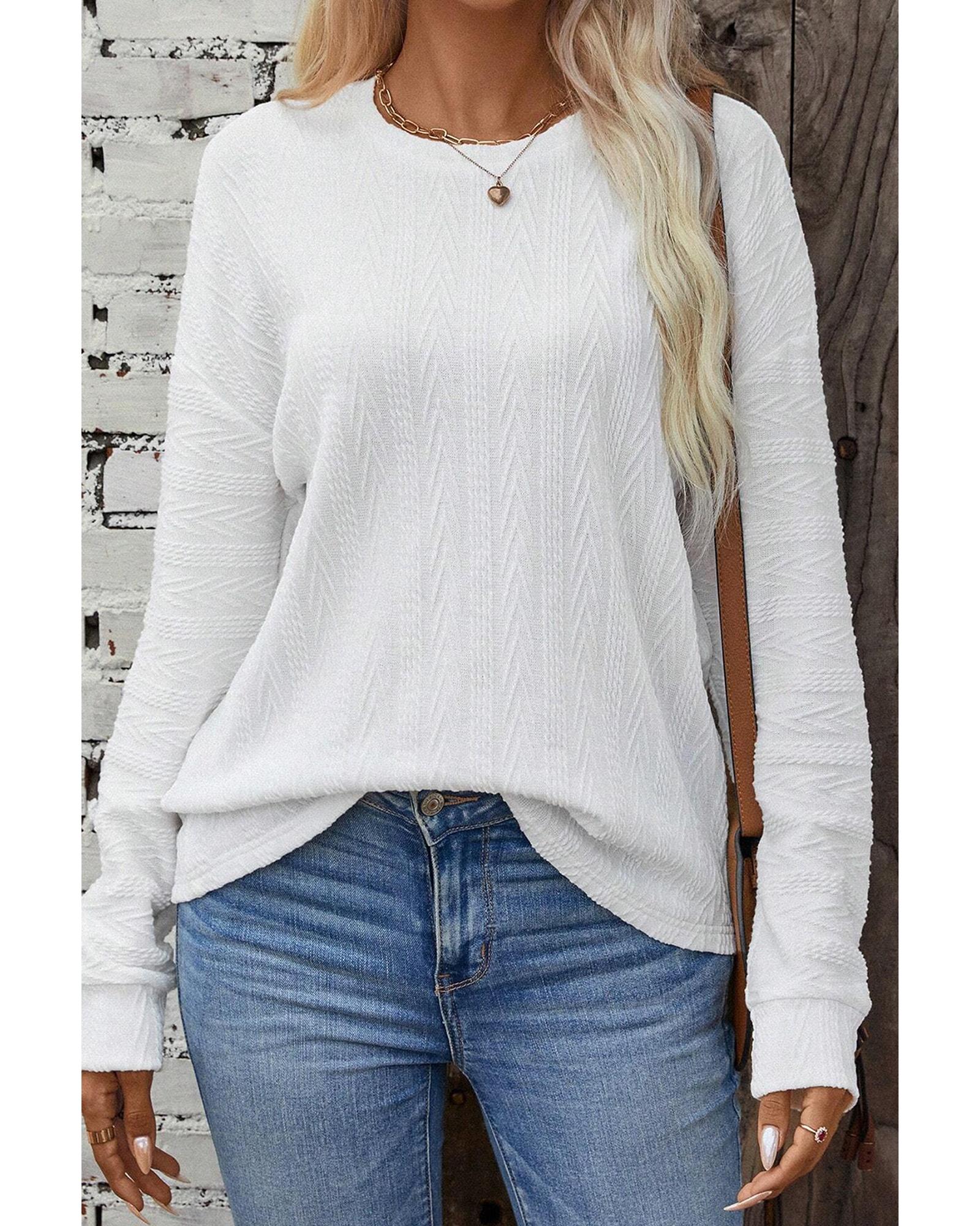 V539-AZEXDC25223857-P1-S-202506121116-00 White Round Neck Drop Shoulder Textured Knit Top - S - Image 1