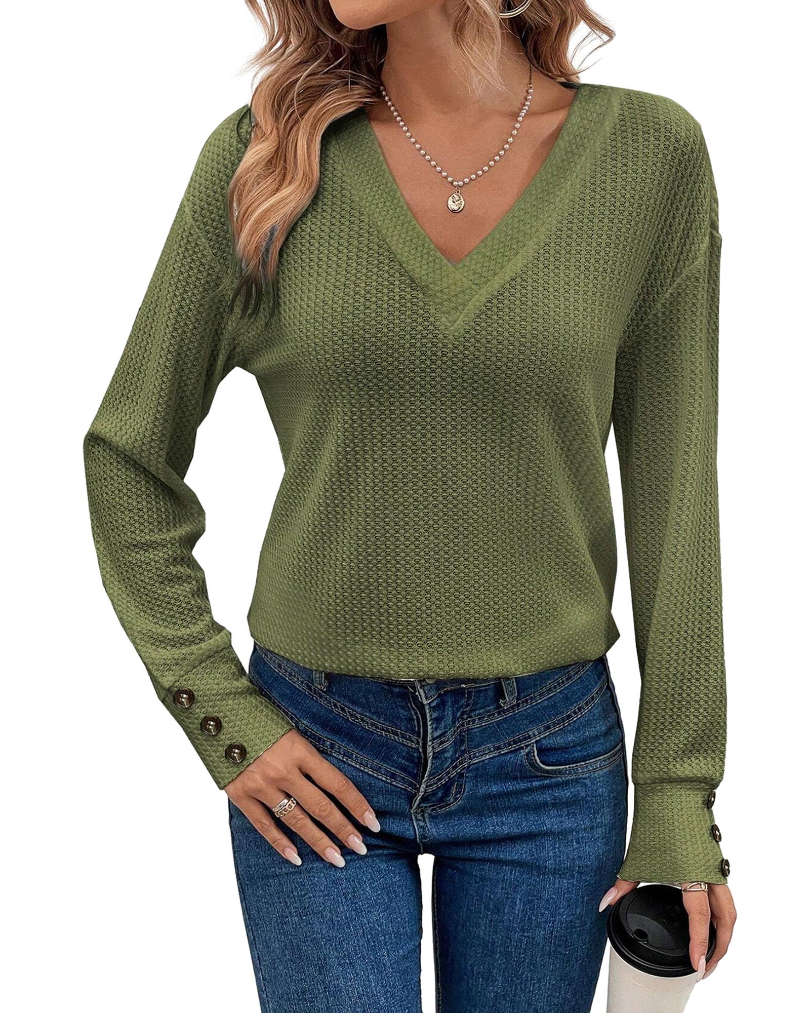 V539-AZEXDC25223991-P609-S-202506121136-00 Jungle Green Textured Knit V Neck Button Cuffs Long Sleeve Top - S - Image 1