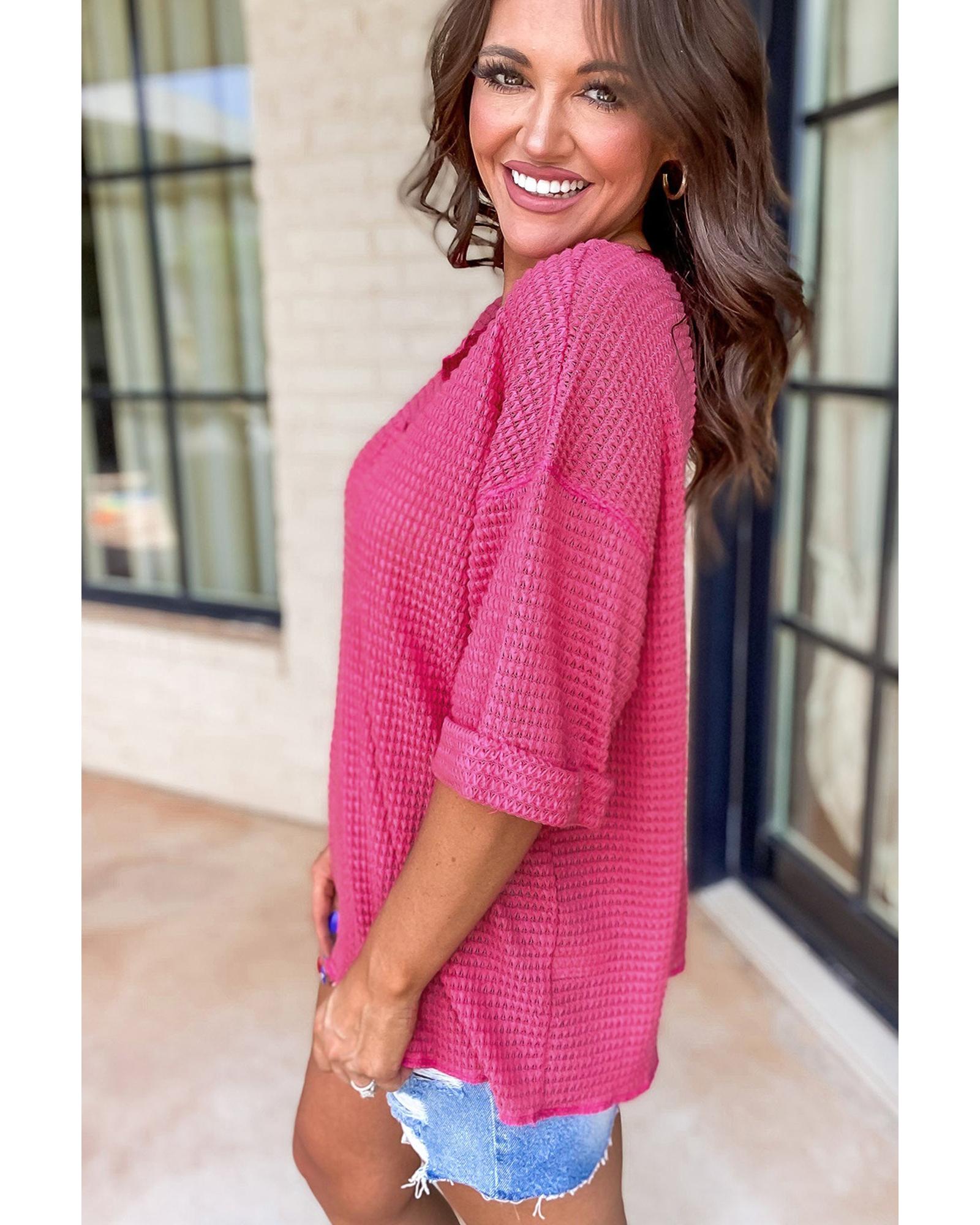 V539-AZEXDC25224309-P306-L-202508271100-00 Strawberry Pink Textured Knit Split Neck Cuffed Short Sleeve Top - L - Image 1