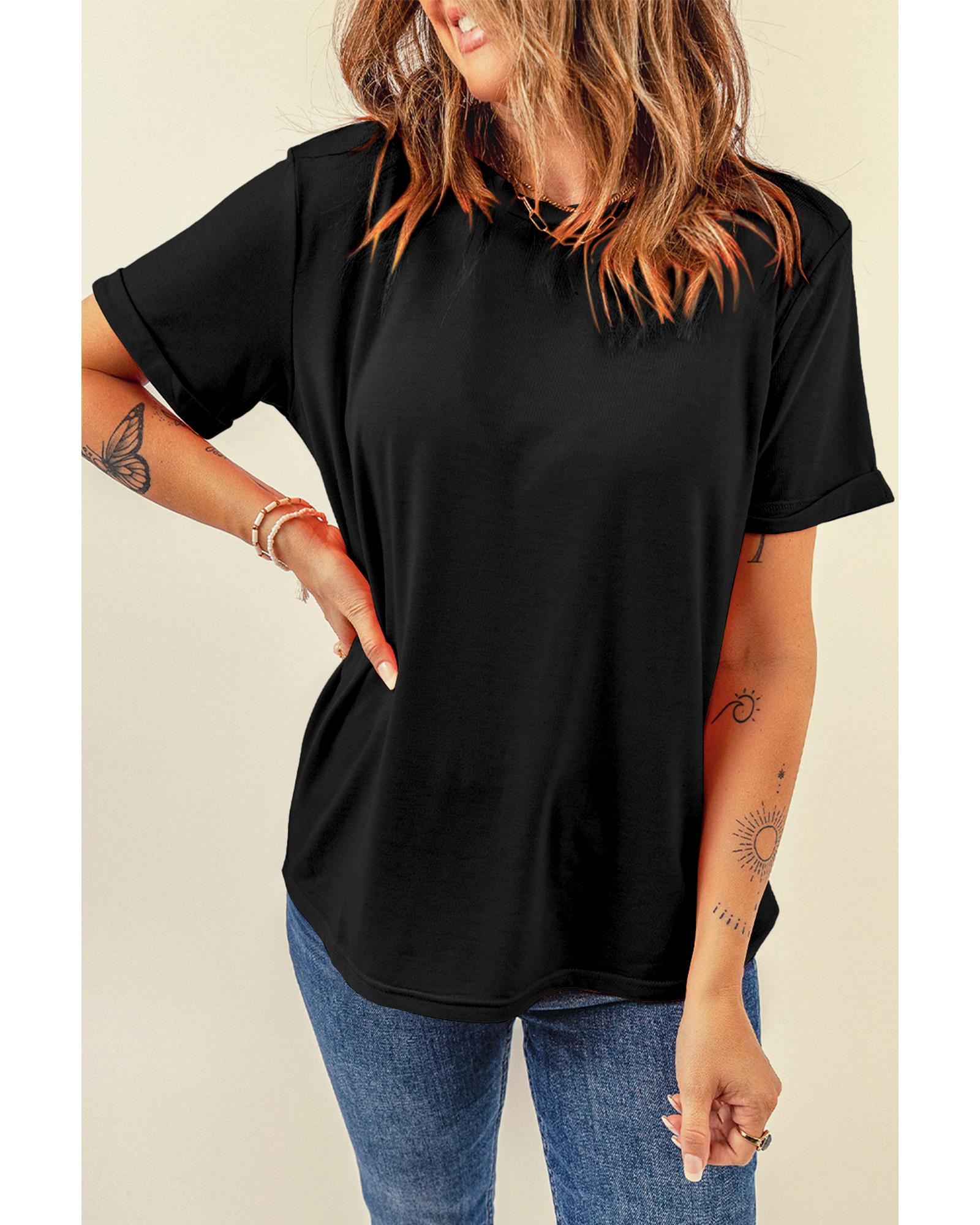 V539-AZEXDC25224551-2-S-202506121315-00 Black Casual Plain Crew Neck Tee - S - Image 1