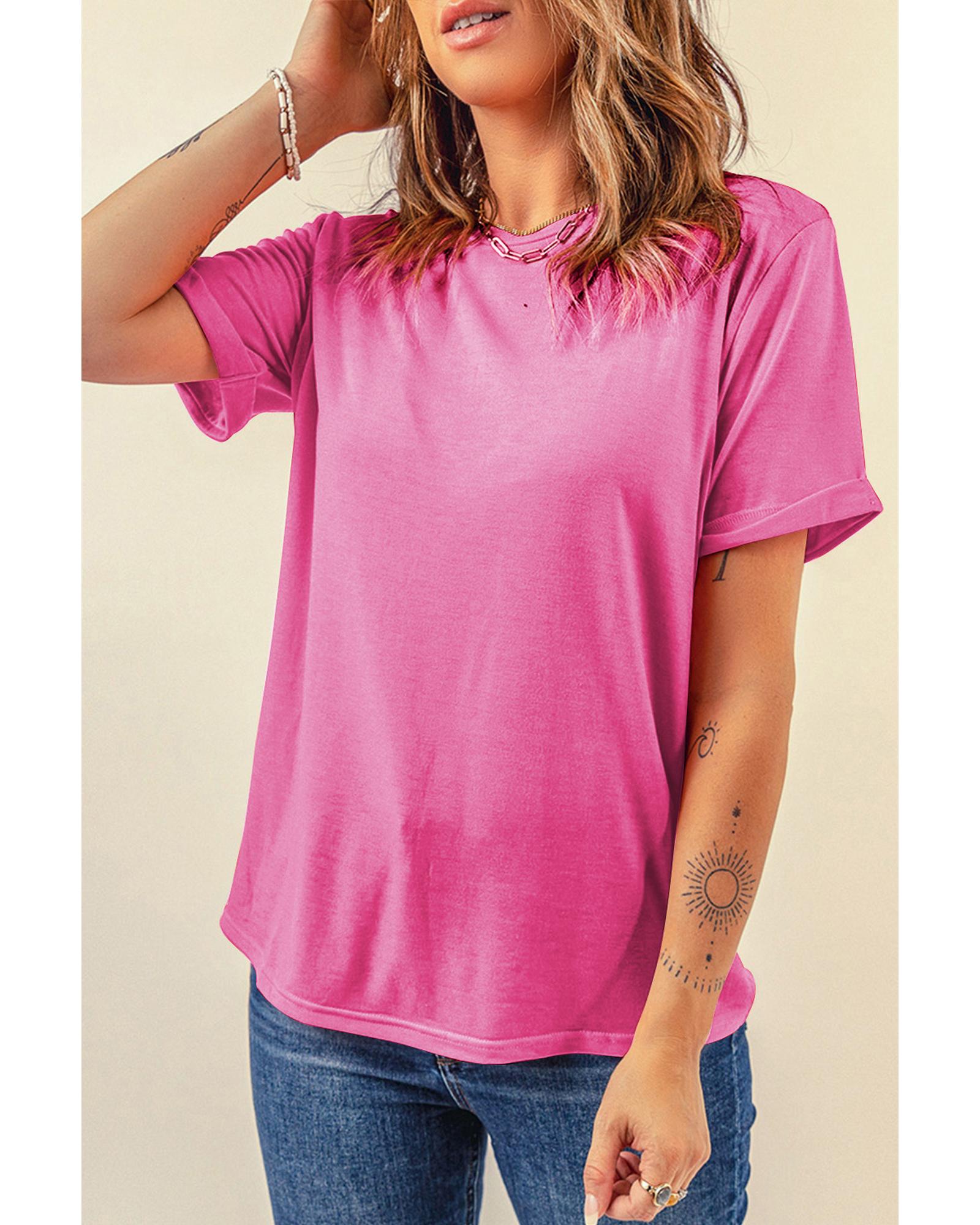 V539-AZEXDC25224551-P406-S-202506121331-00 Sachet Pink Bright Casual Plain Crew Neck Tee - S - Image 1
