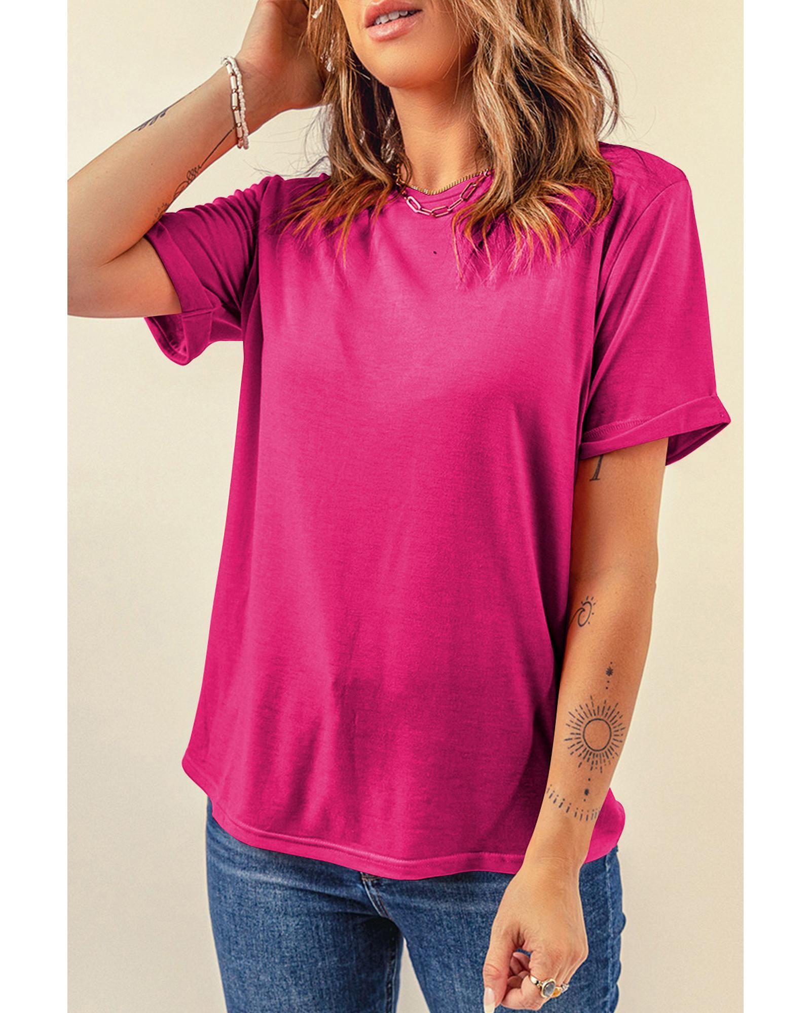 V539-AZEXDC25224551-P6-S-202506121341-00 Rose Red Casual Plain Crew Neck Tee - S - Image 1