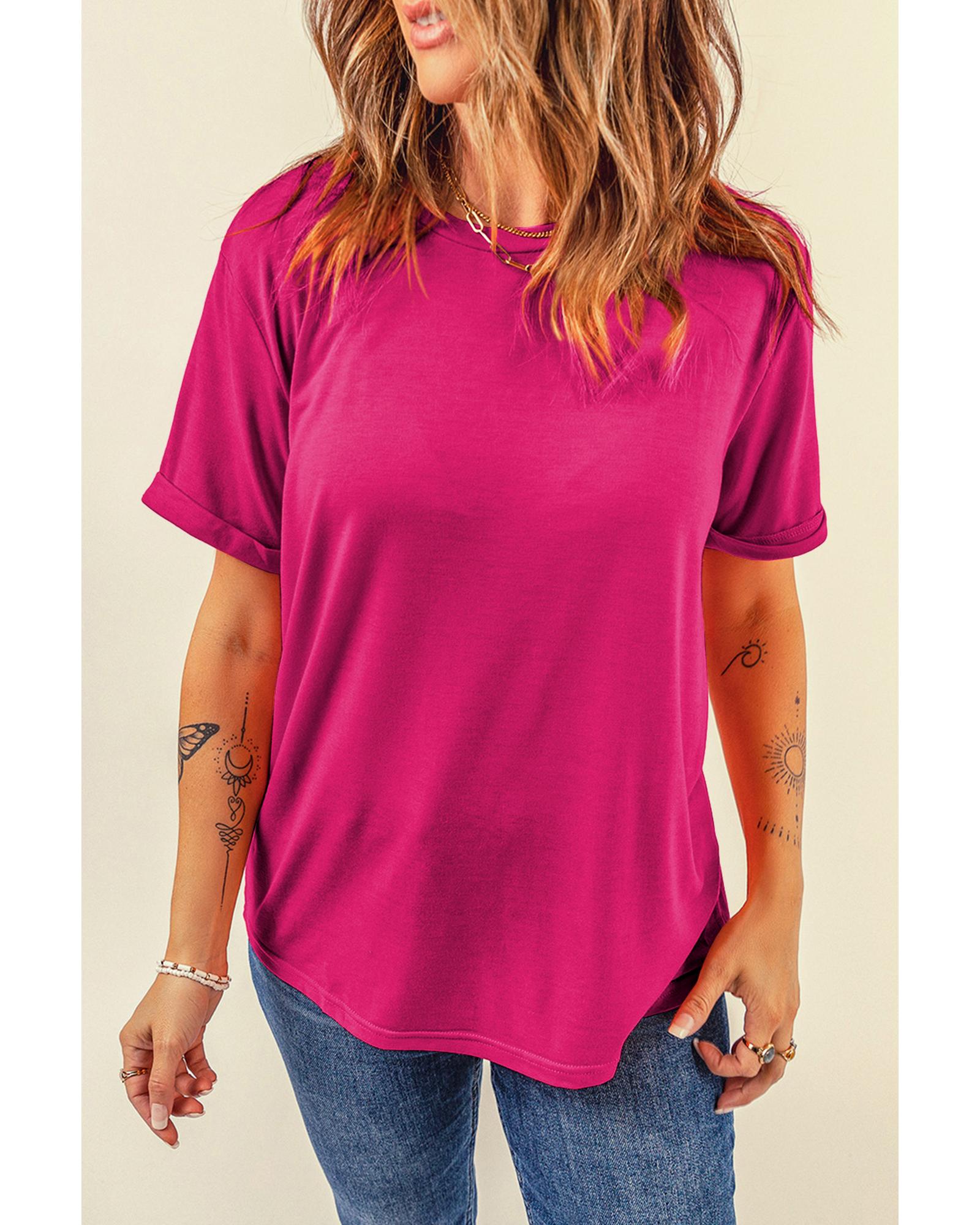 V539-AZEXDC25224551-P6-XL-202508280000-00 Rose Red Casual Plain Crew Neck Tee - XL - Image 1