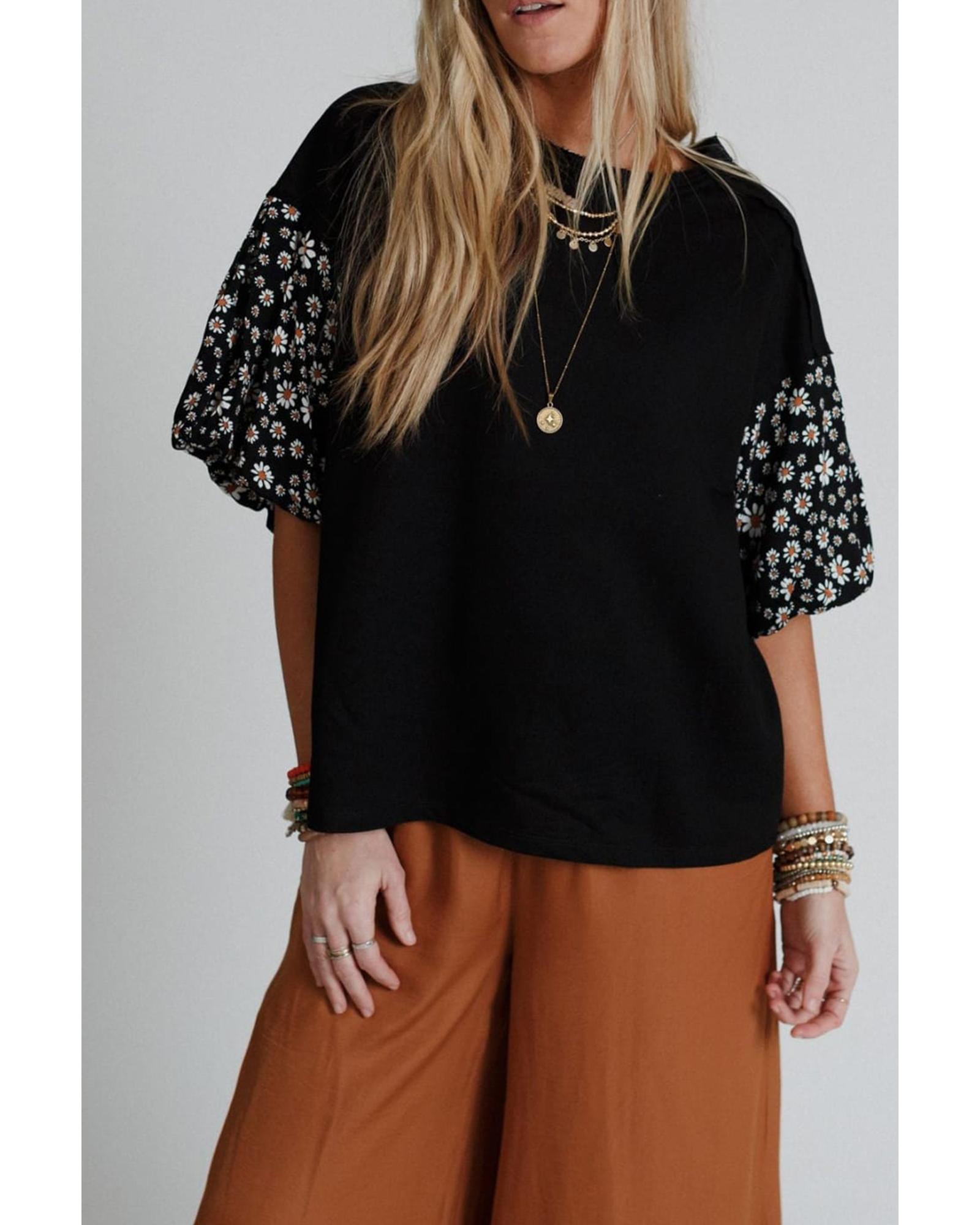 V539-AZEXDC25224708-P2-M-202508270140-00 Black Contrast Floral Puff Sleeve Oversized Top - M - Image 1