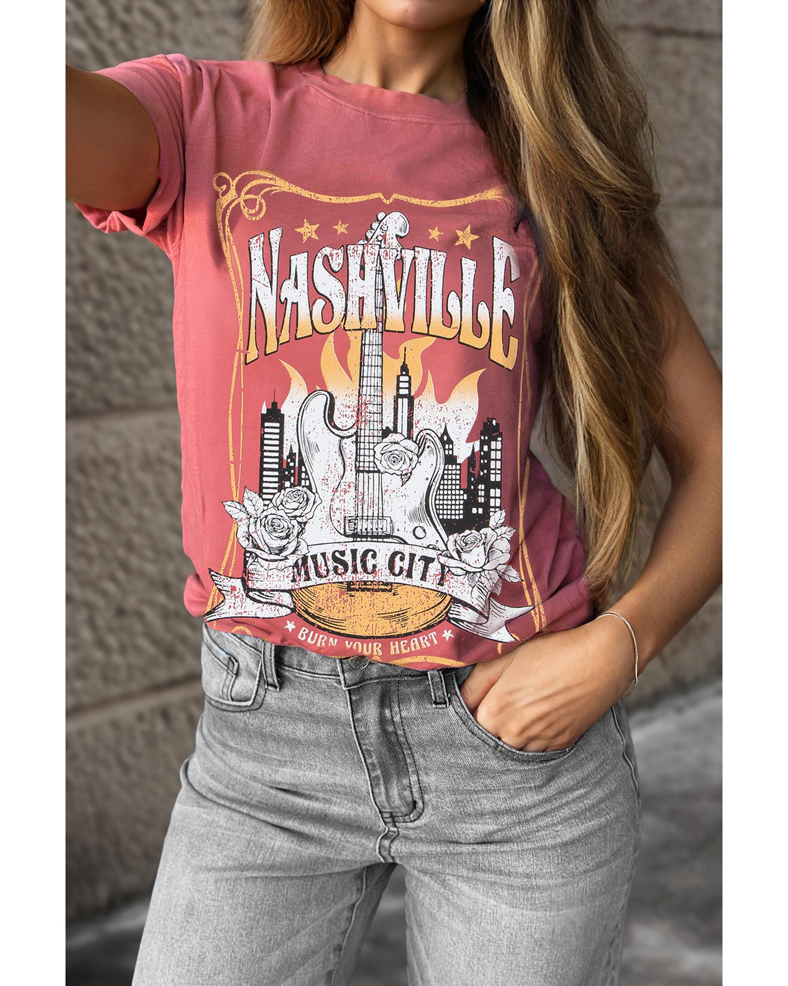 V539-AZEXDC25224757-P303-M-202508271155-00 Mineral Red Nashville Music City Graphic Retro Fashion Tee - M - Image 1