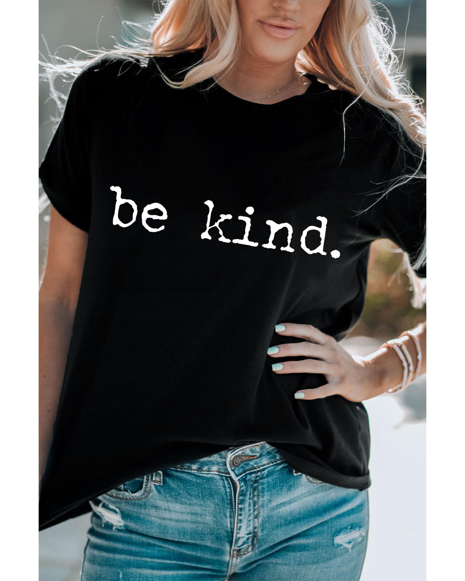 V539-AZEXDC25224795-2-2XL-202508271615-00 Black be kind Letter Print Round Neck Casual T Shirt - 2XL - Image 1