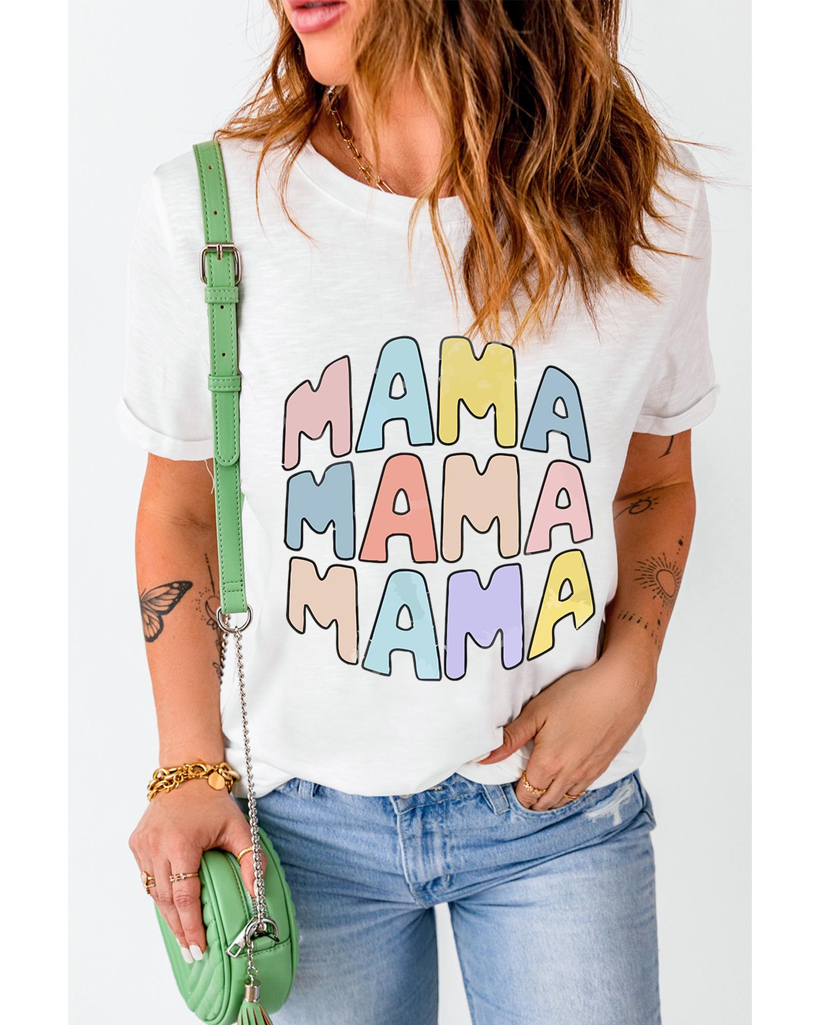 V539-AZEXDC25224897-1-XL-202508270335-00 White MAMA Slogan Print Crew Neck Casual T Shirt - XL - Image 1