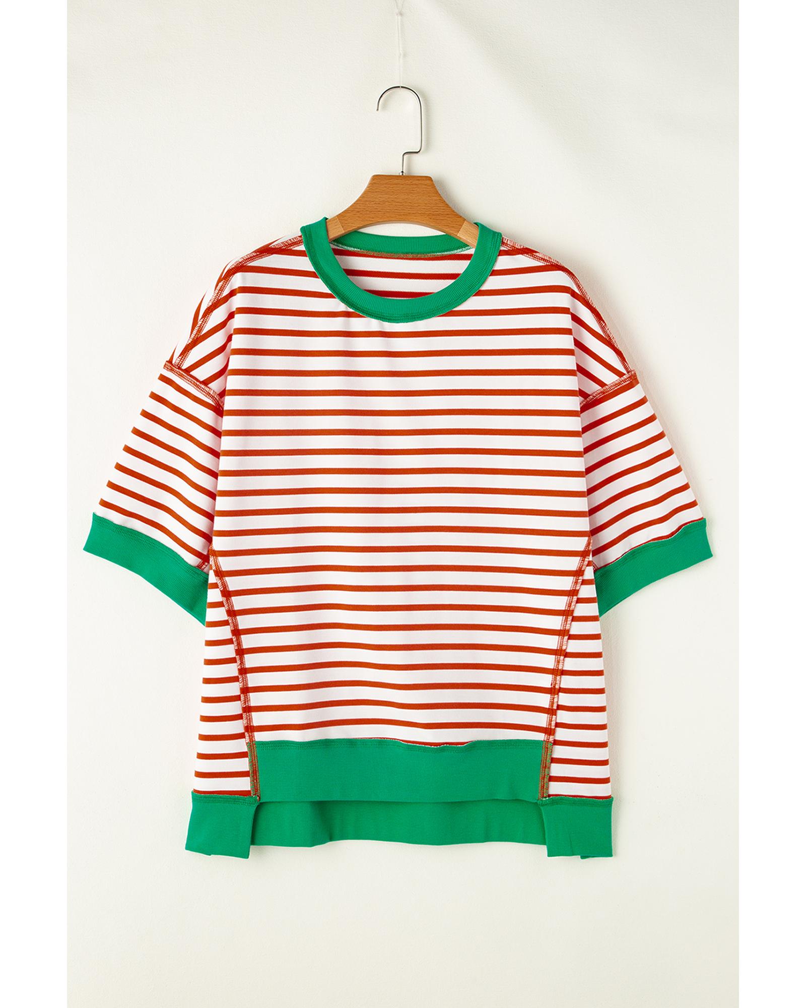 V539-AZEXDC25225034-P1419-2XL-202508272200-00 Orange Stripe Oversized Contrast Trim Exposed Seam High Low T Shirt - 2XL - Image 1
