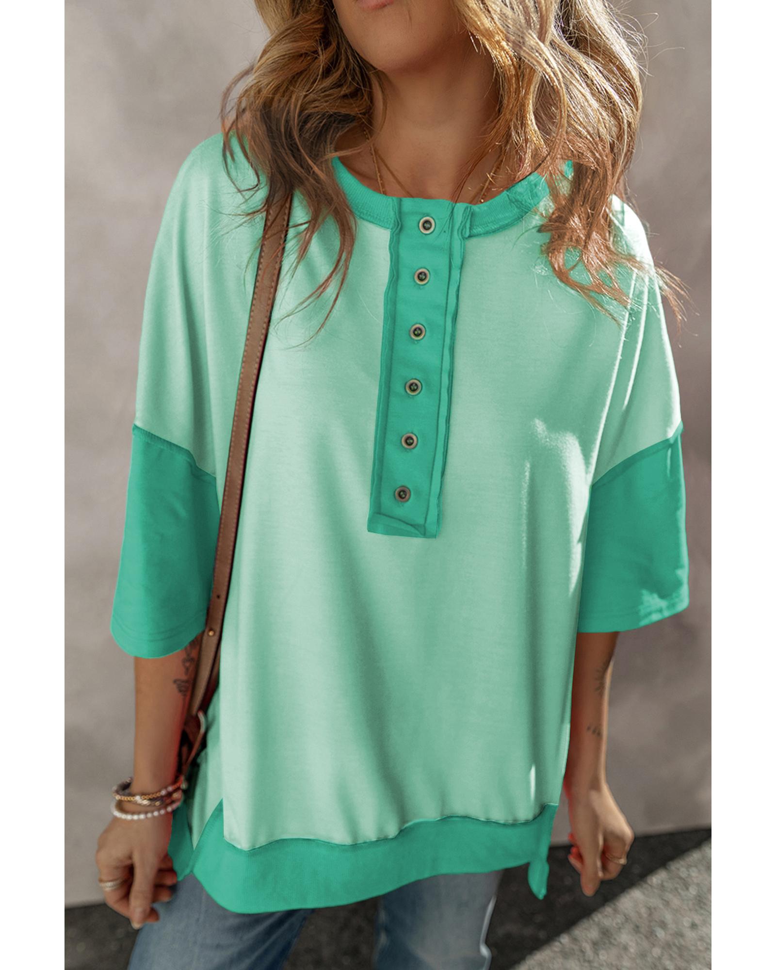 V539-AZEXDC25225160-P109-S-202506120911-00 Bright Green Contrast Color Patchwork Half Button T Shirt - S - Image 1