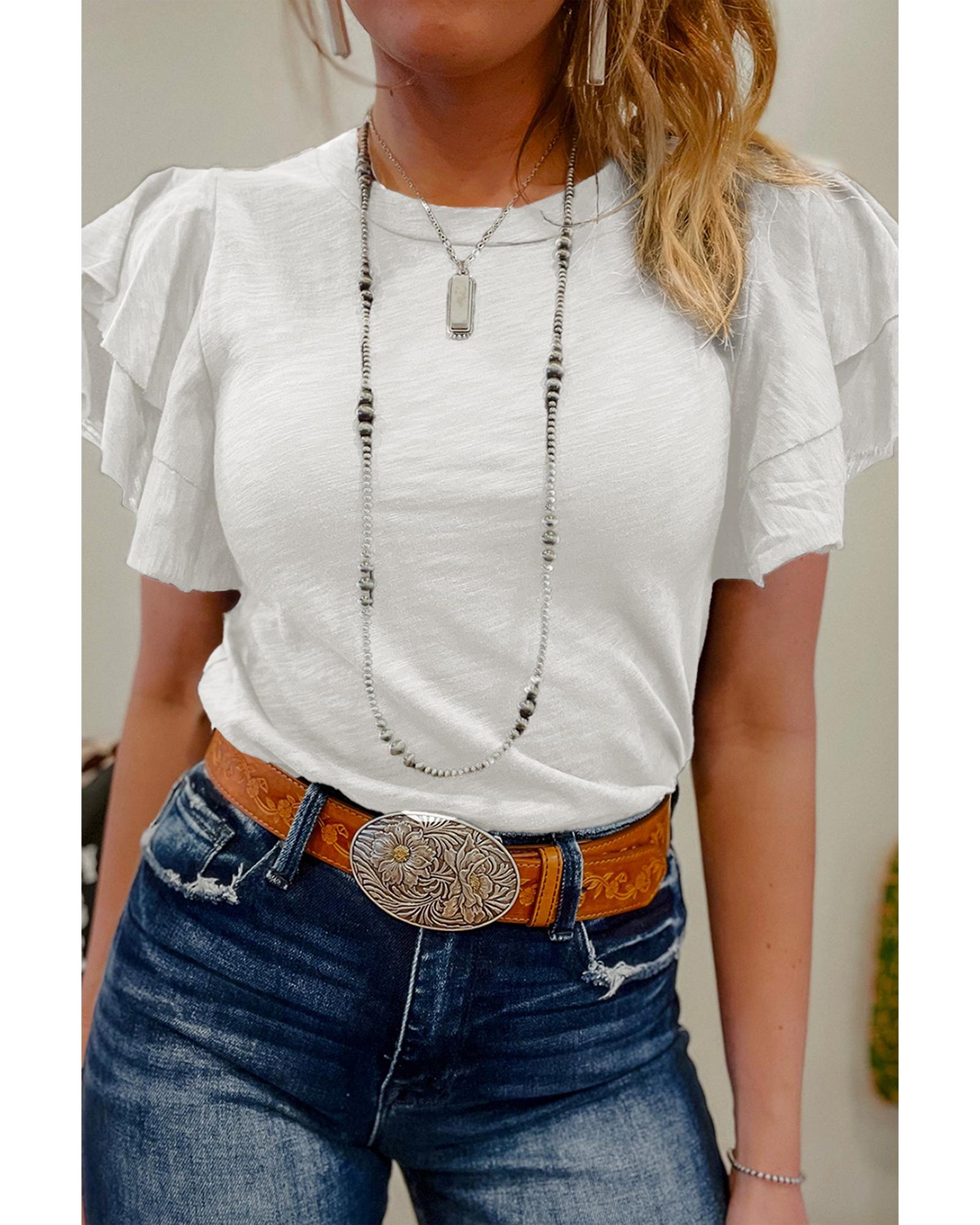 V539-AZEXDC25225413-P1-XL-202508270750-00 White Layered Ruffle Short Sleeve Round Neck Top - XL - Image 1