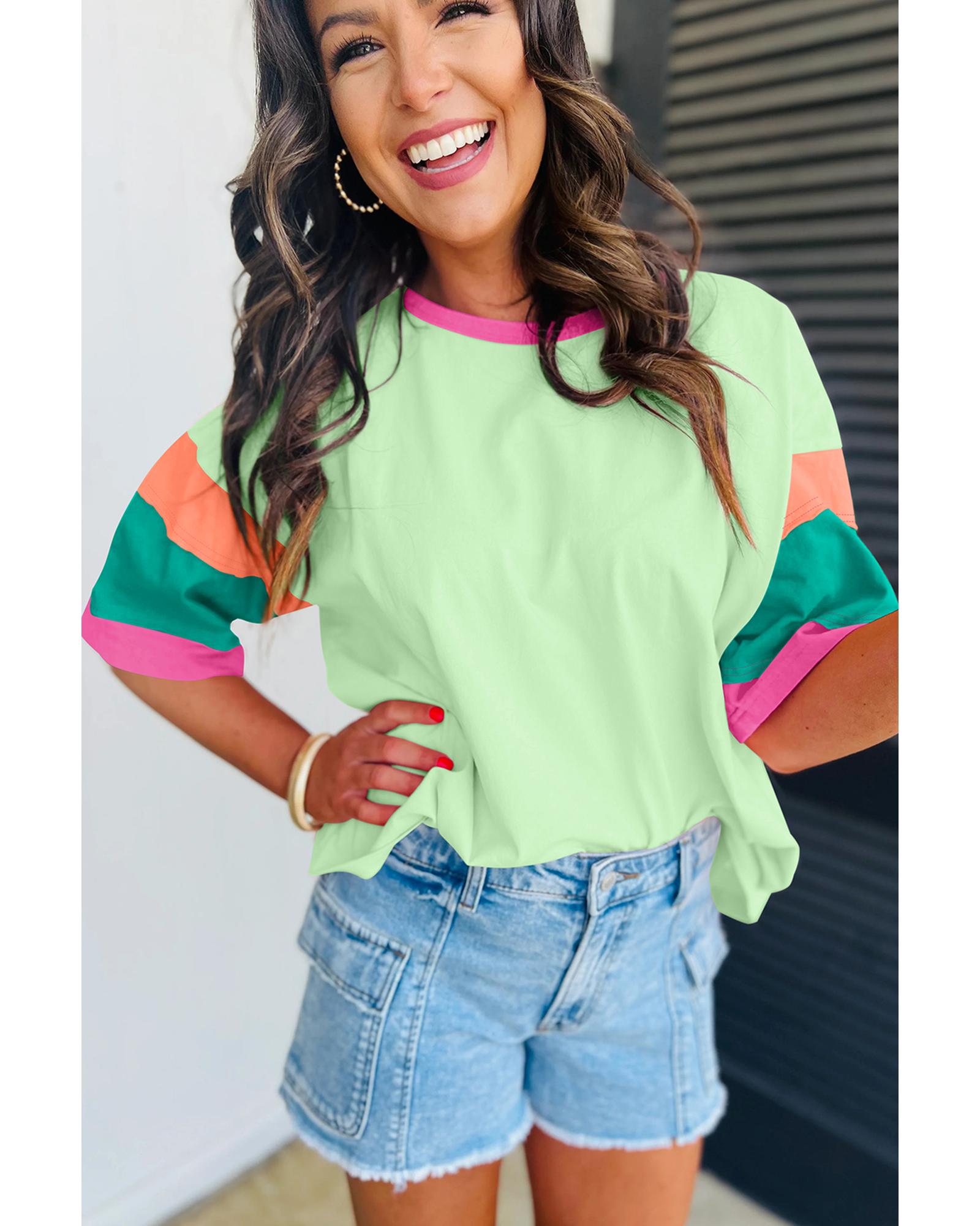V539-AZEXDC25225570-P922-S-202506121026-00 Green Color Block Stitching Sleeve Round Neck Oversize Top - S - Image 1