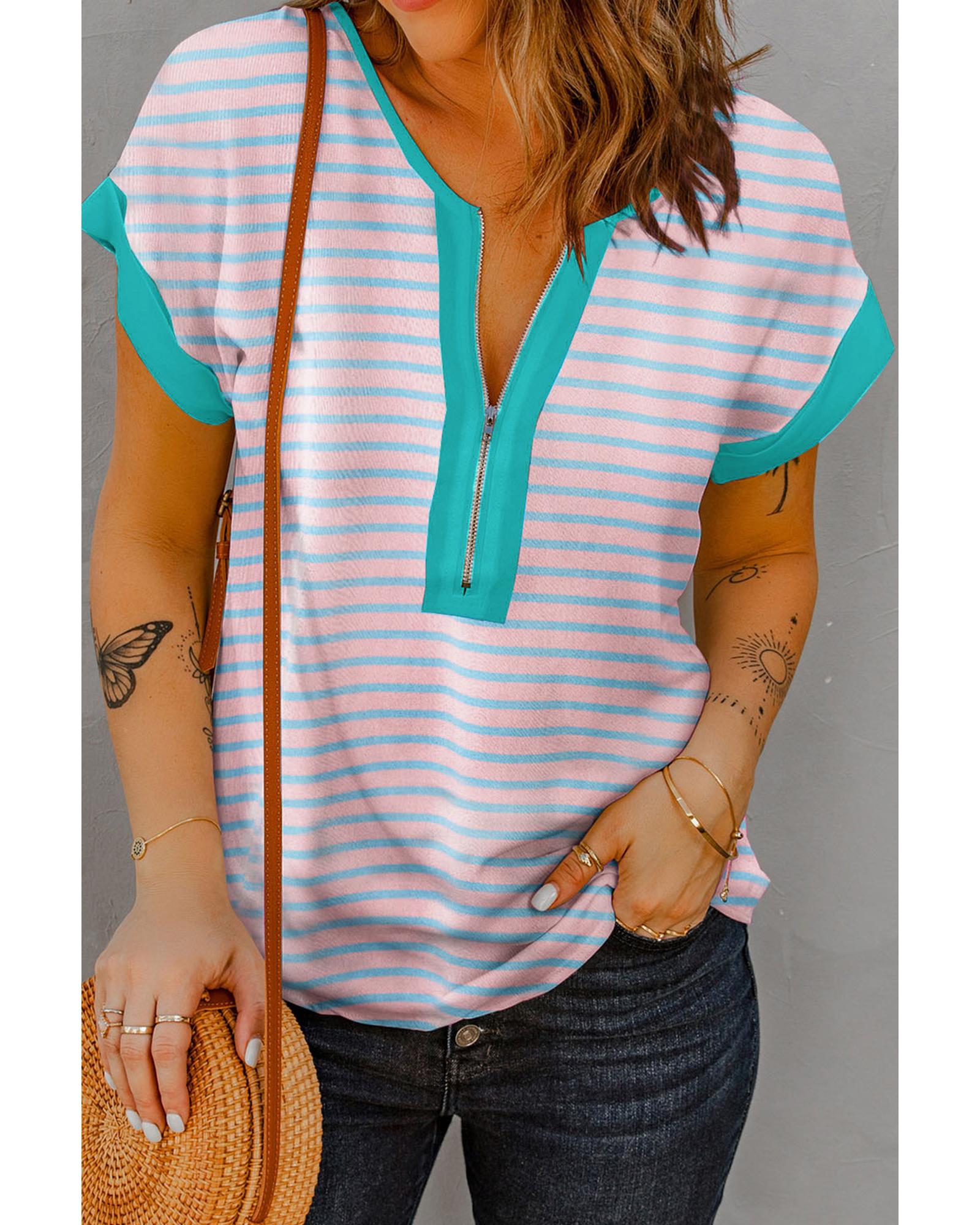 V539-AZEXDC25225642-P1019-L-202508270635-00 Pink Stripe Contrast Trim Half Zip Short Sleeve Top - L - Image 1