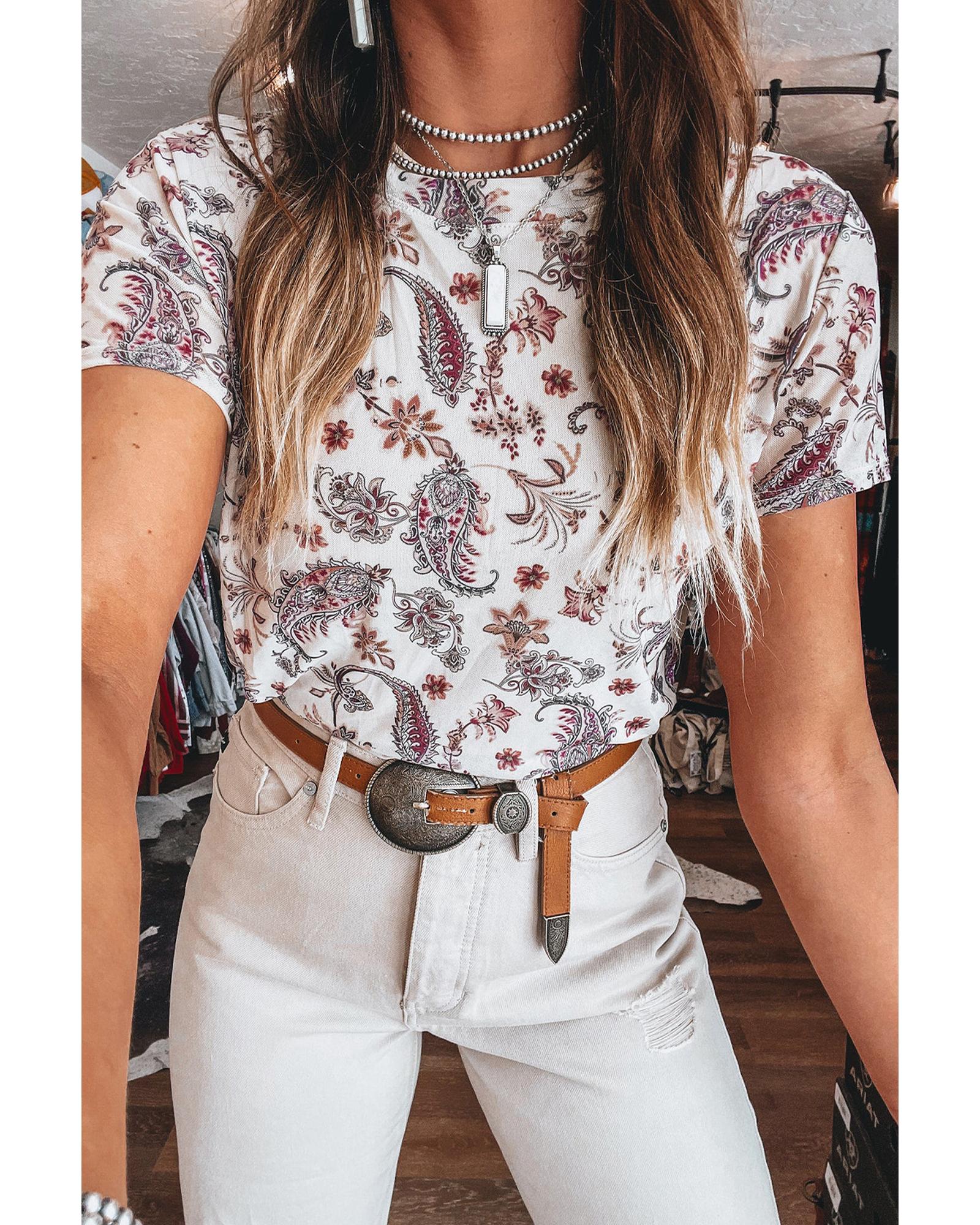 V539-AZEXDC25225770-P120-S-202506121046-00 White Vintage Paisley Mock Neck T Shirt - S - Image 1