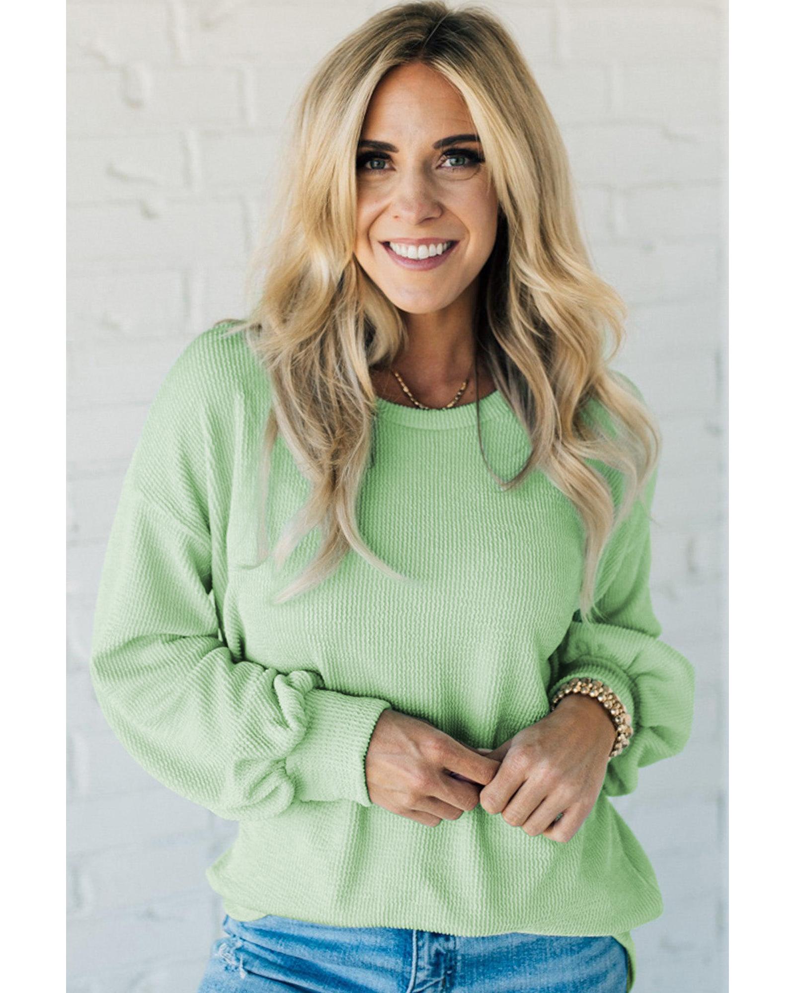 V539-AZEXDC25225835-P2209-L-202508270730-00 Moonlight Jade Solid Cord Ribbed Drop Shoulder Pullover Top - L - Image 1