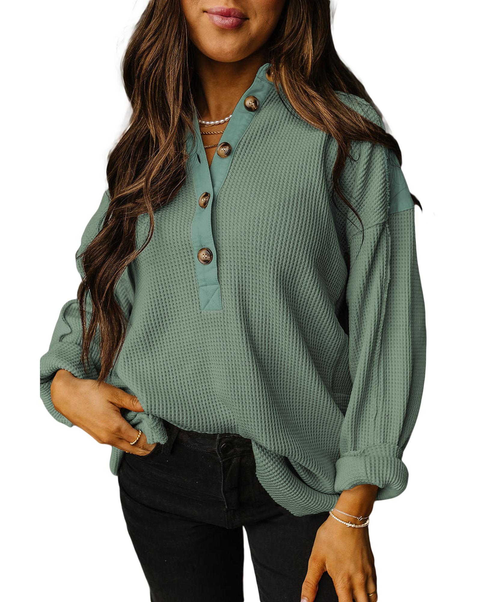 V539-AZEXDC25225860-P2809-L-202508271950-00 Smoke Green Waffle Long Sleeve Collar Half Button Loose Top - L - Image 1
