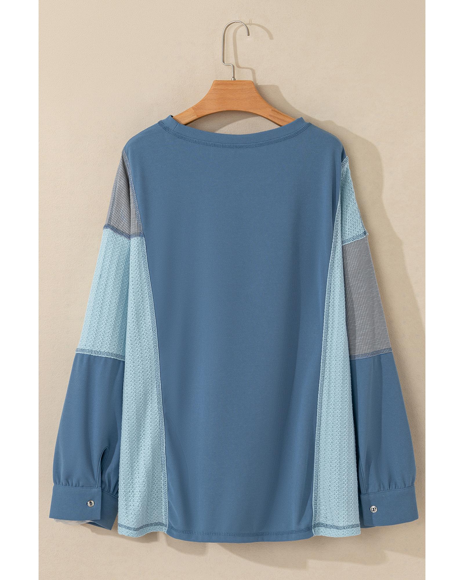 V539-AZEXDC25225886-P704-L-202508270235-00 Dusk Blue Colorblock Stitching Patchwork Buttoned Long Sleeve Top - L - Image 1