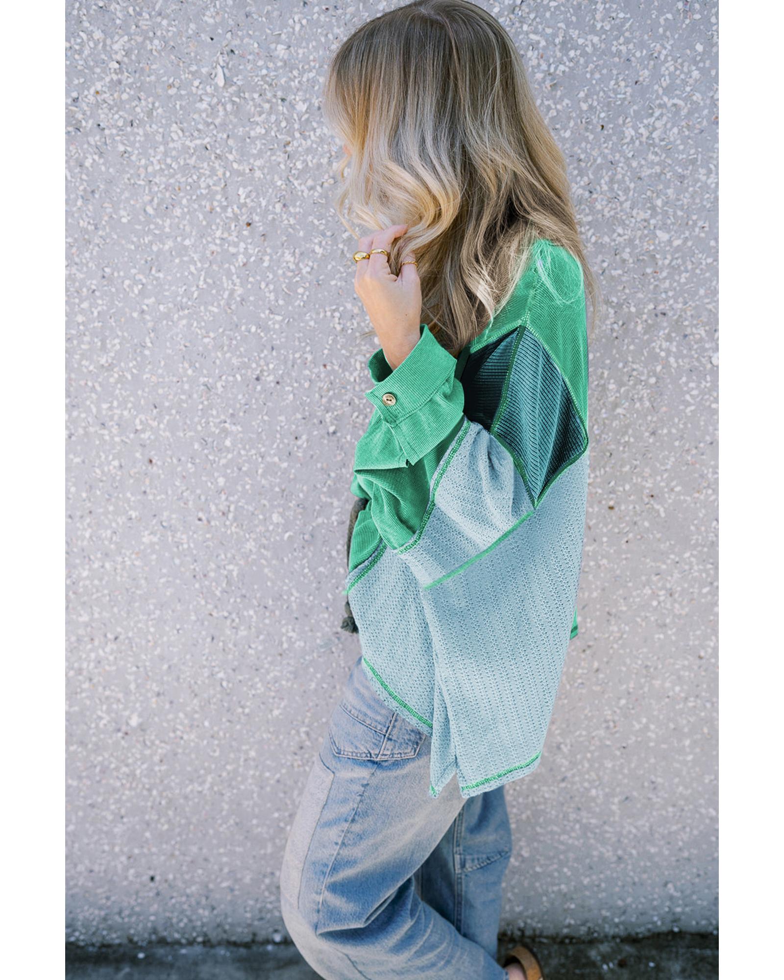 V539-AZEXDC25225886-P922-L-202508270845-00 Green Colorblock Stitching Patchwork Buttoned Long Sleeve Top - L - Image 1