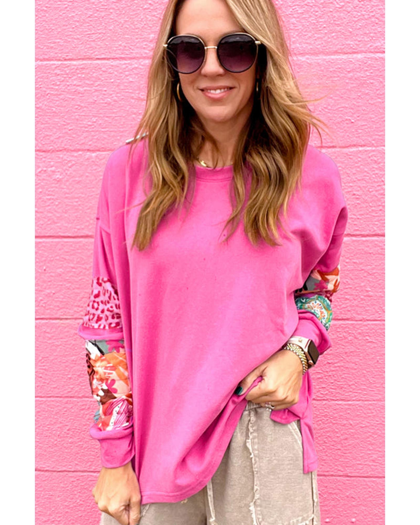 V539-AZEXDC25225953-P406-S-202506121746-00 Sachet Pink Mixed Print Patch Drop Shoulder Pullover Top - S - Image 1