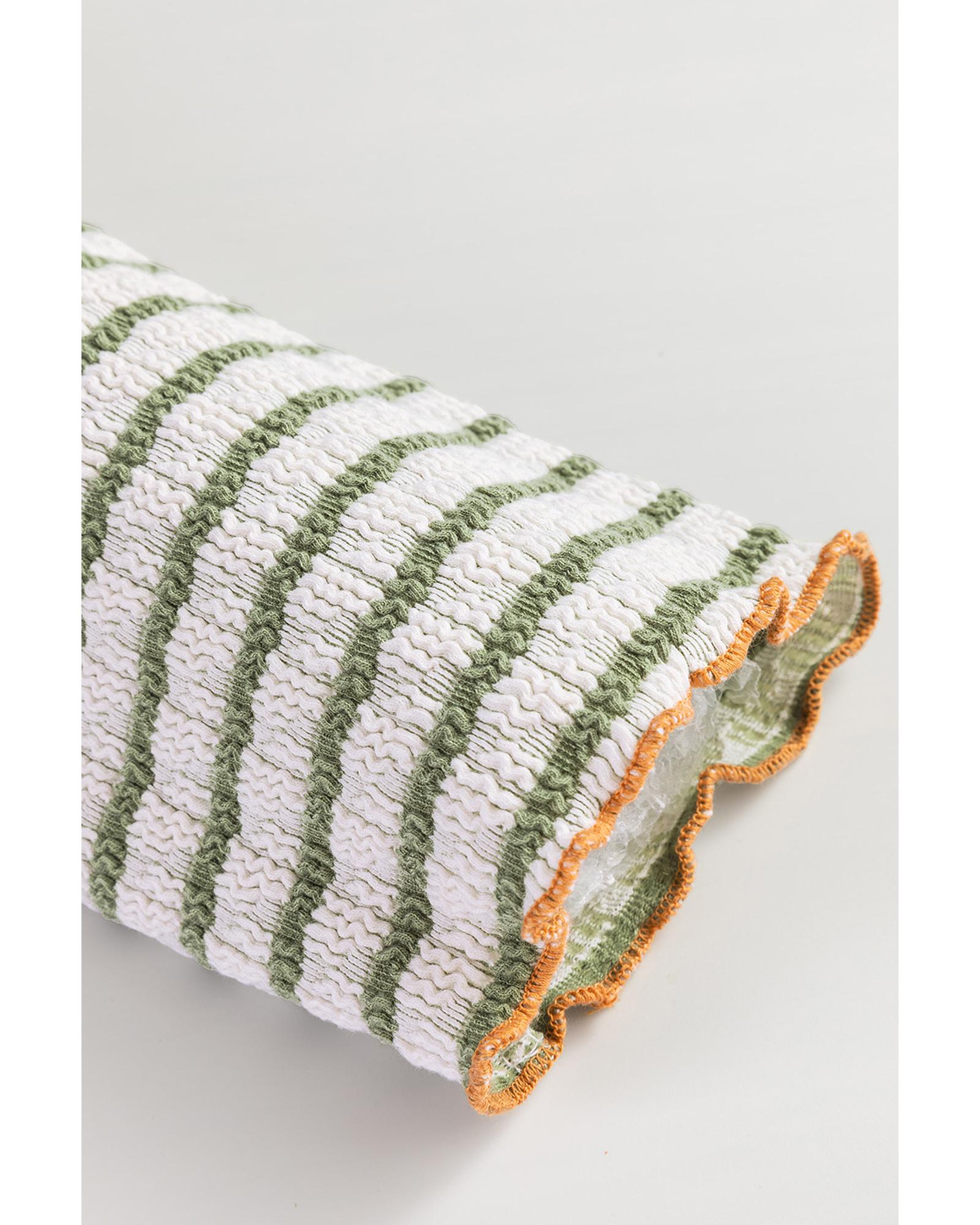 V539-AZEXDC25225994-P919-L-202506121822-00 Green Stripe Textured Frilly Trim Buttons Henley Long Sleeve Top - L - Image 1