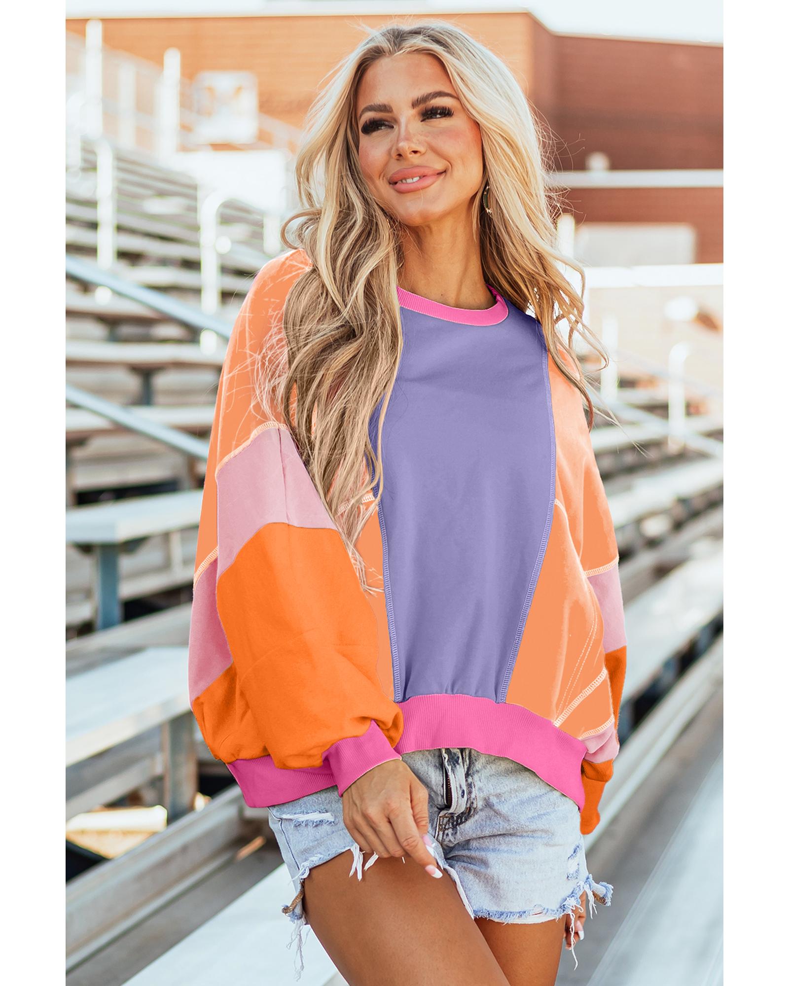 V539-AZEXDC25226016-P708-S-202506121837-00 Orchid Petal Colorblock Patchwork Exposed Stitching Oversize Top - S - Image 1