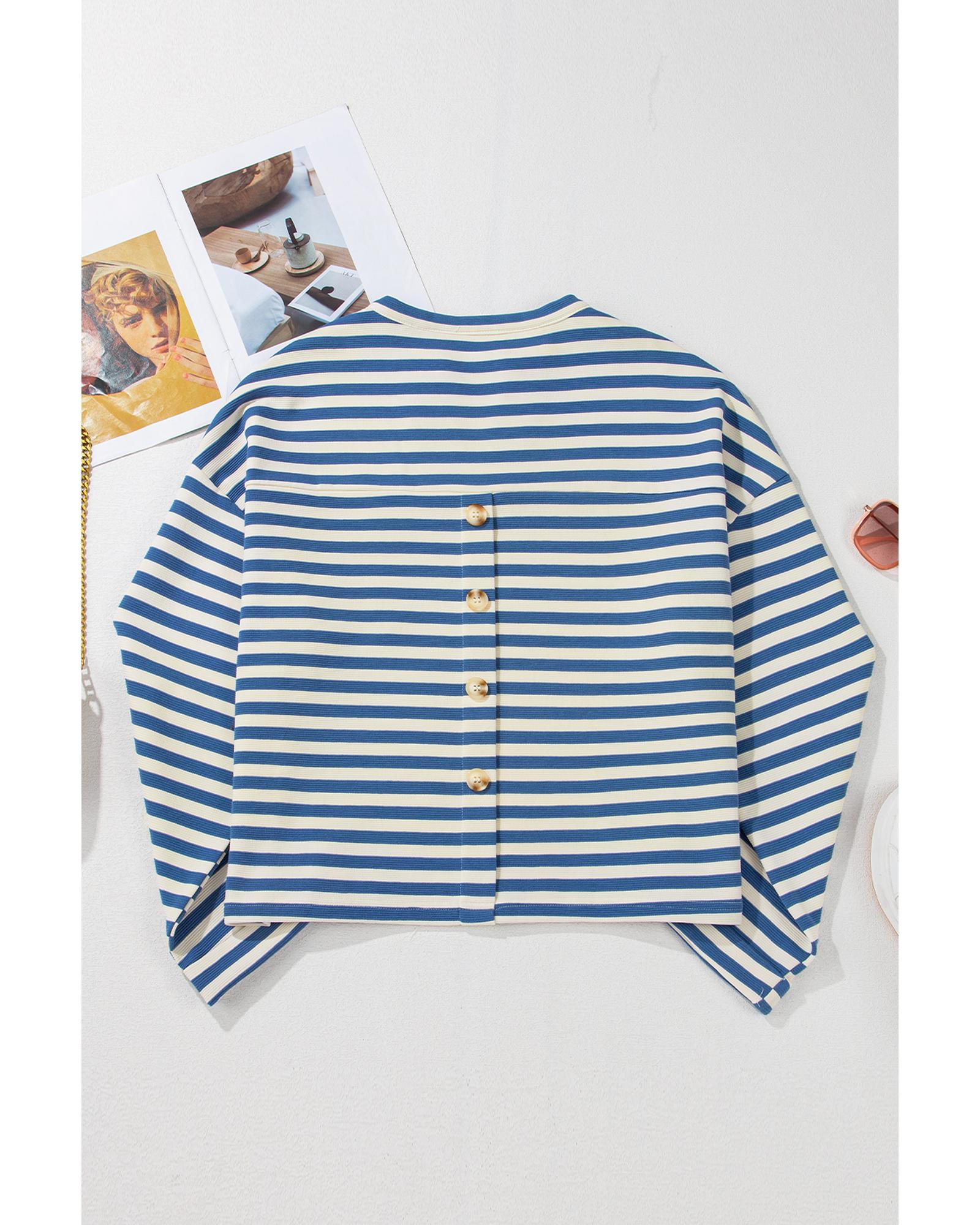 V539-AZEXDC25226018-P419-S-202506121841-00 Sky Blue Stripe Chest Pocket Buttoned Back Notched V Neck Top - S - Image 1