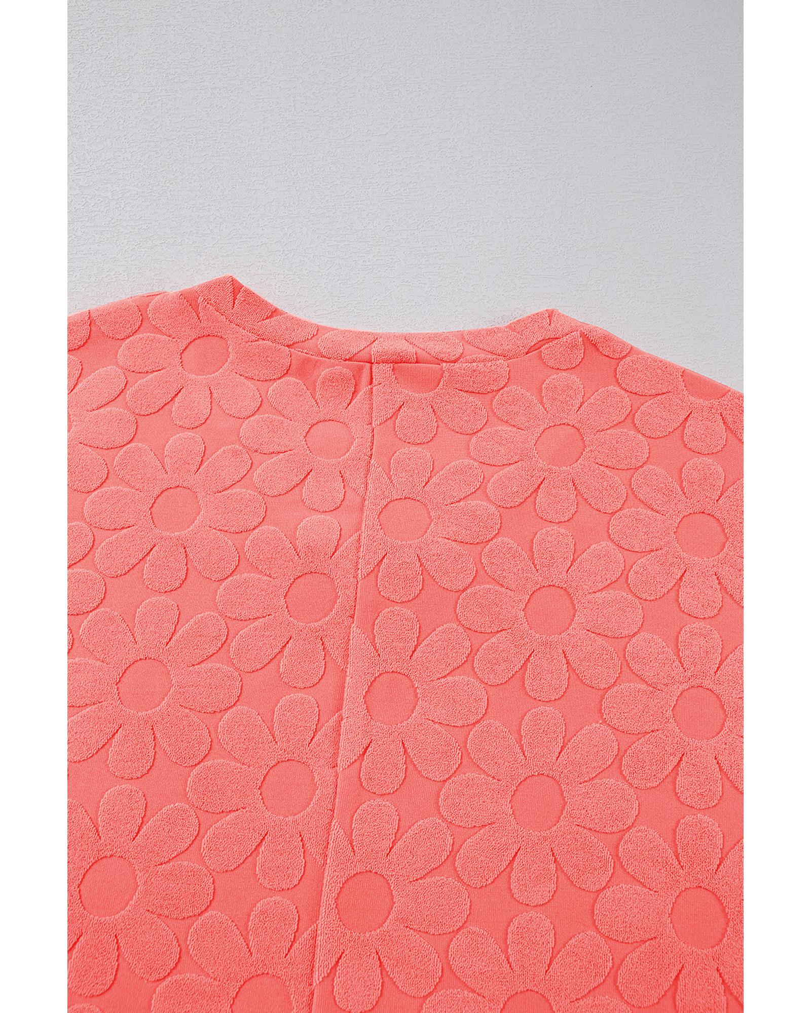 V539-AZEXDC25226051-P2010-M-202508270435-00 Apricot Pink Oversized Floral Jacquard V Neck Long Sleeve Top - M - Image 1