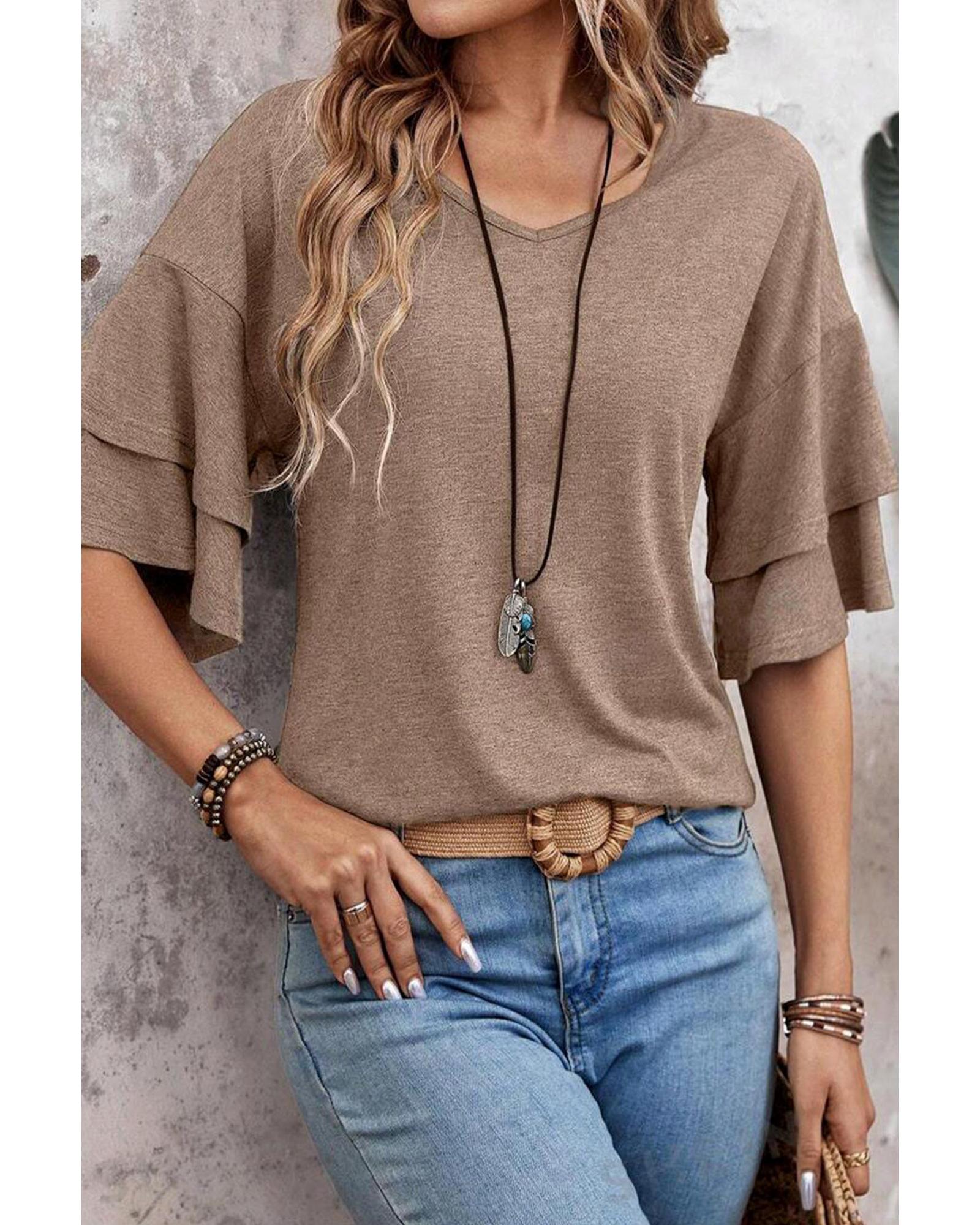 V539-AZEXDC25226075-P10017-XL-202508271410-00 DUNE Solid Colour V-Neck Double Layer Sleeve Loose T-Shirt - XL - Image 1